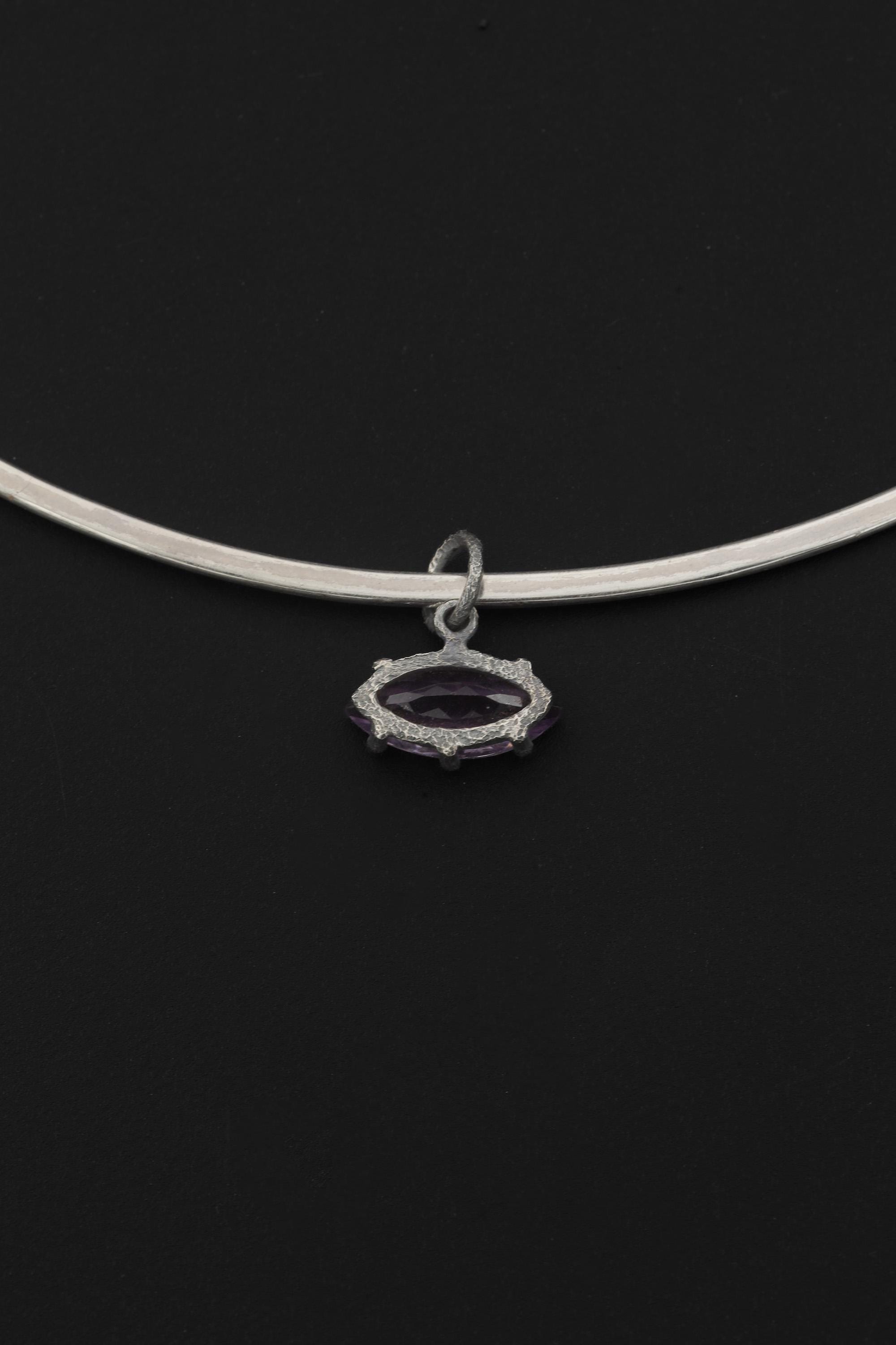 Amethyst Eye Pendant, Oxidized 925 Silver, Sand Texture