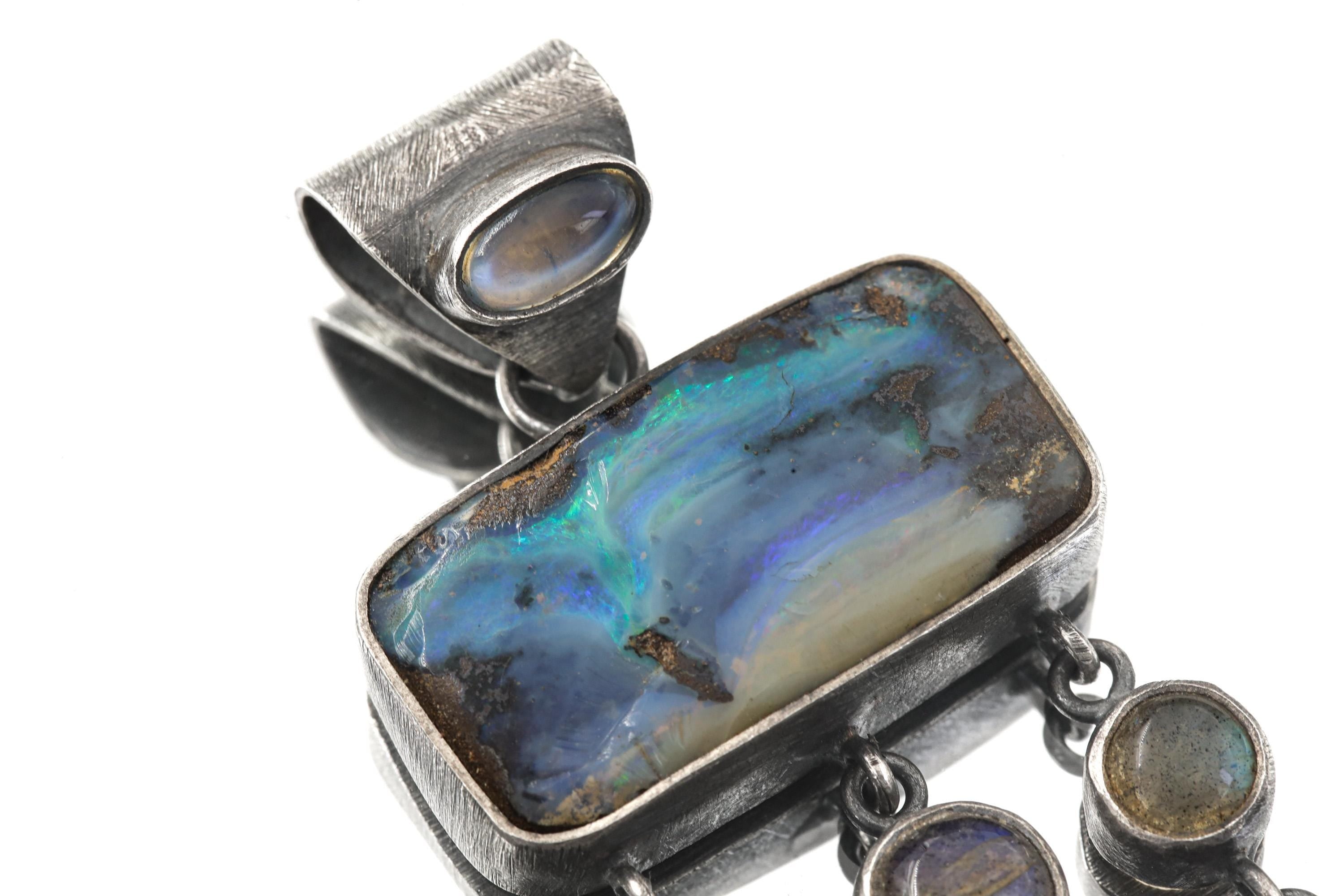 Oxidized Sterling Silver Gemstone Pendant: Australian Opal, Labradorite, Turquoise, Moonstone