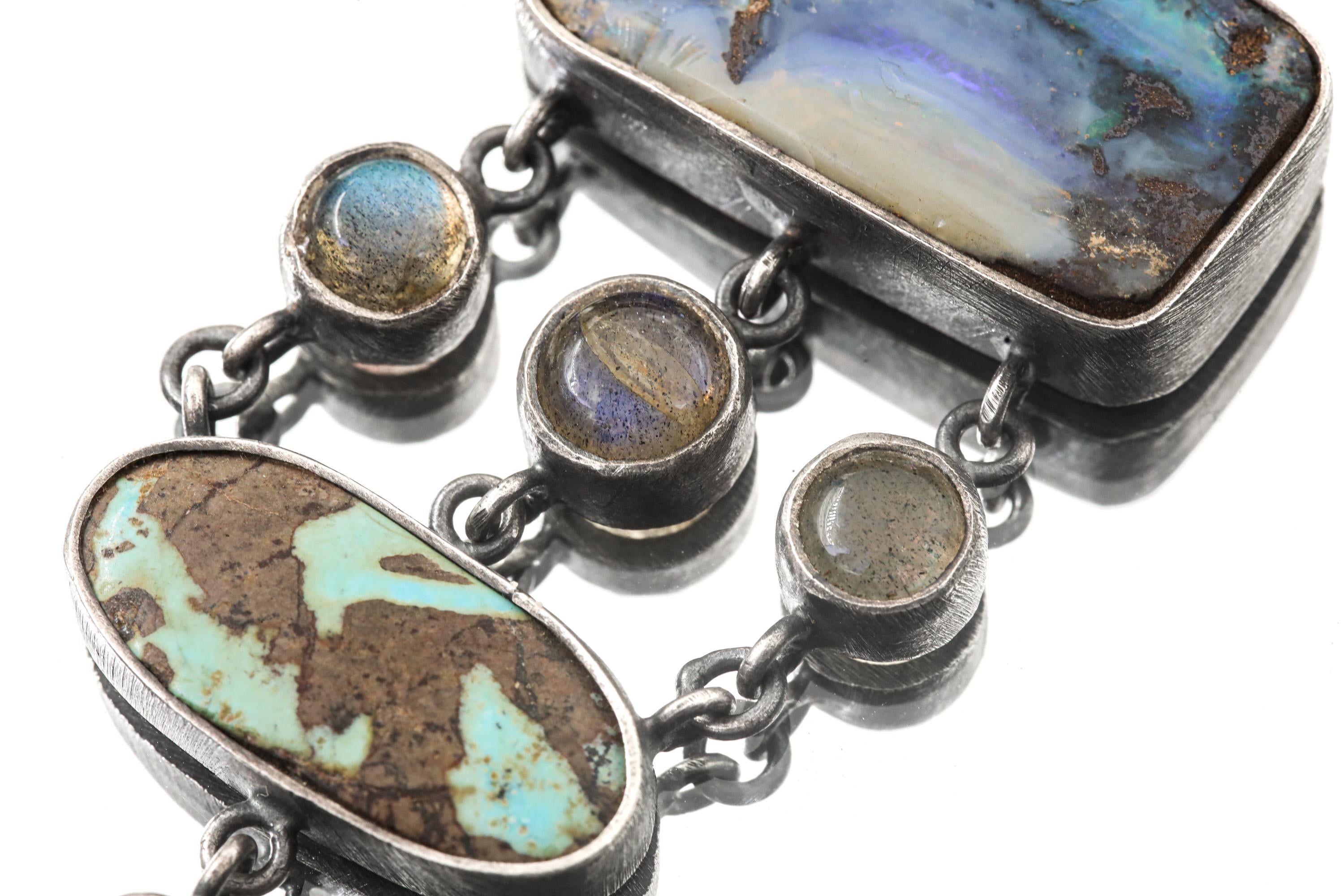 Oxidized Sterling Silver Gemstone Pendant: Australian Opal, Labradorite, Turquoise, Moonstone