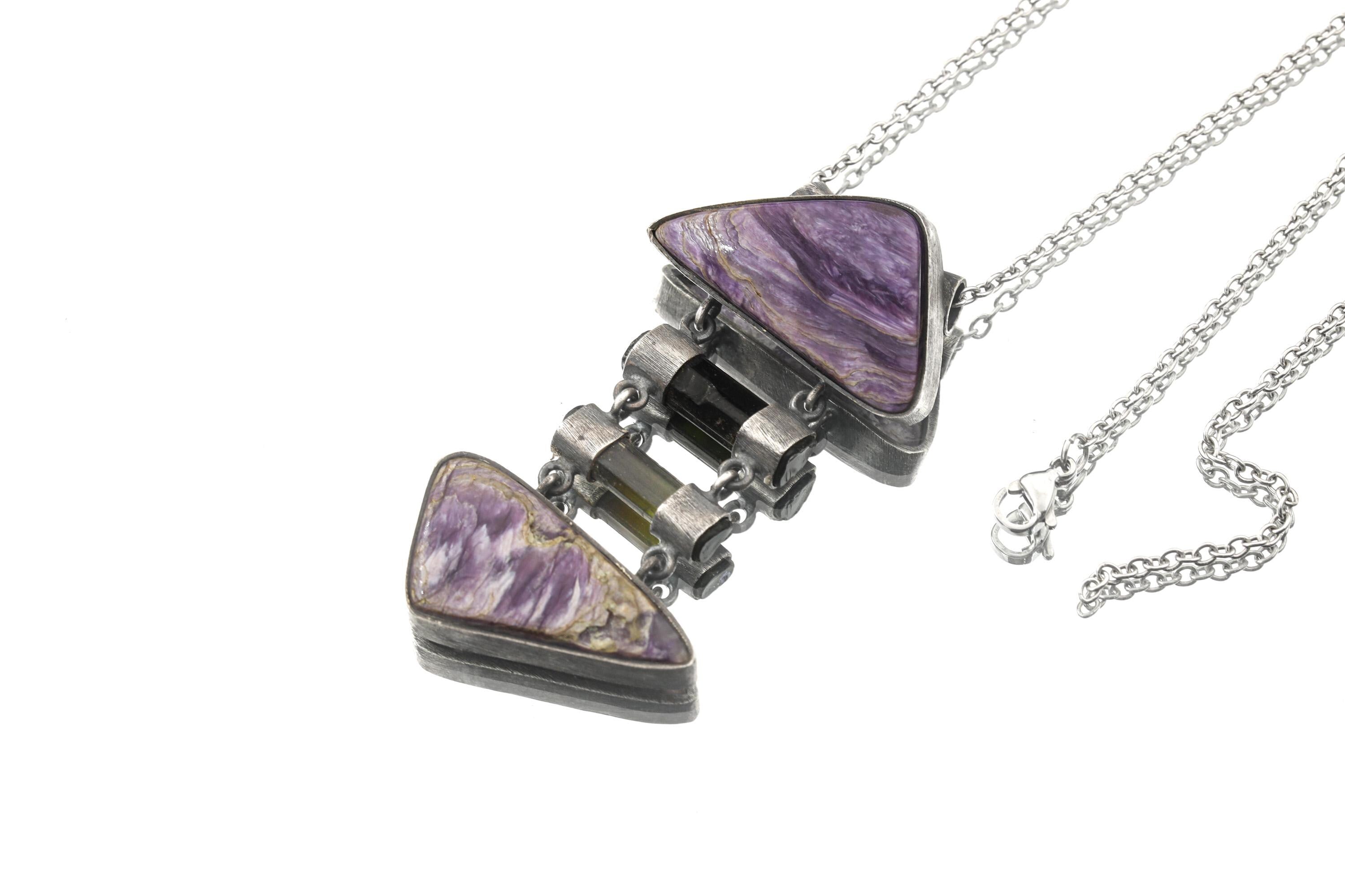 Double AAA Charoite & double natural black Tourmaline sticks - Sterling Silver - Rustic Finish - Pendant