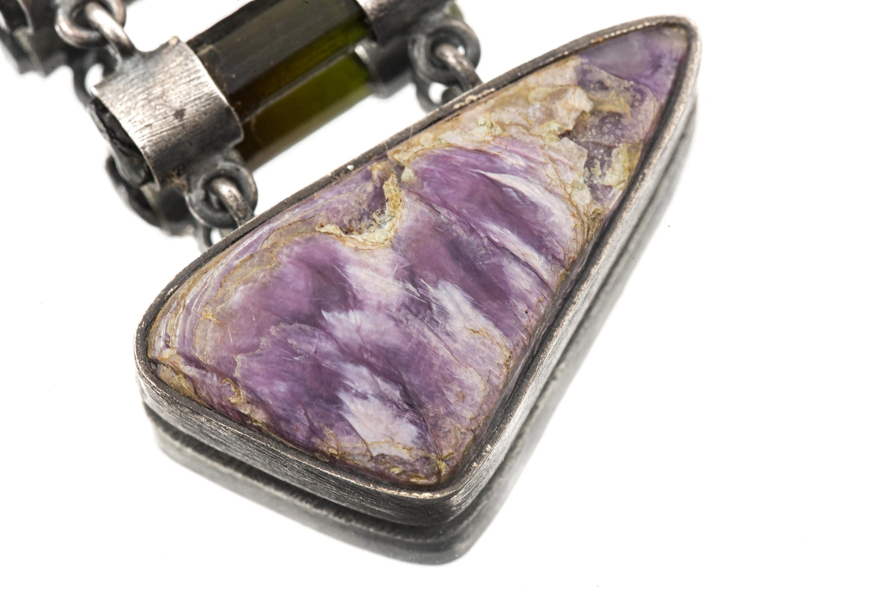 Double AAA Charoite & double natural black Tourmaline sticks - Sterling Silver - Rustic Finish - Pendant