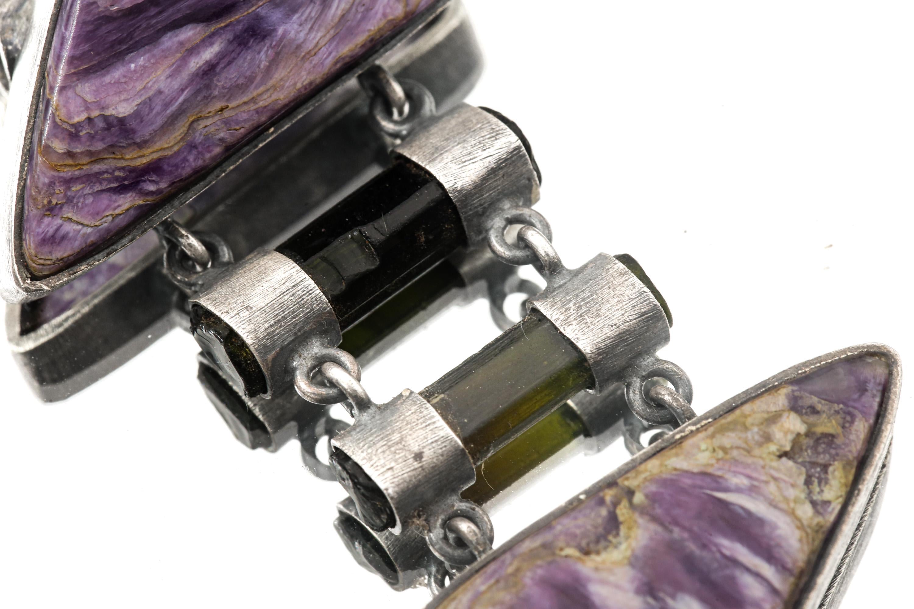 Double AAA Charoite & double natural black Tourmaline sticks - Sterling Silver - Rustic Finish - Pendant