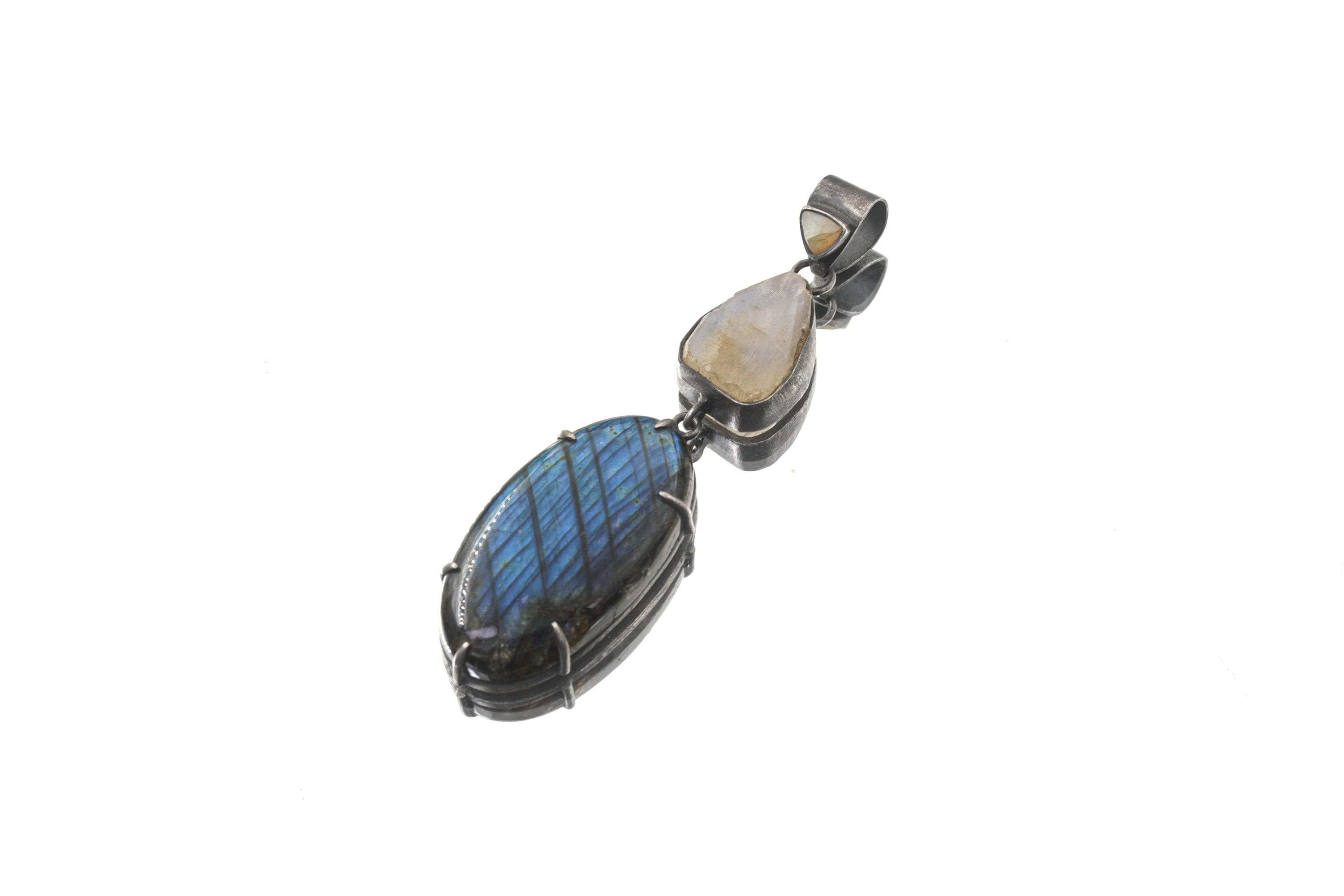 Ethiopian Opal Moonstone Labradorite Pendant: Sterling Silver Celestial Jewelry