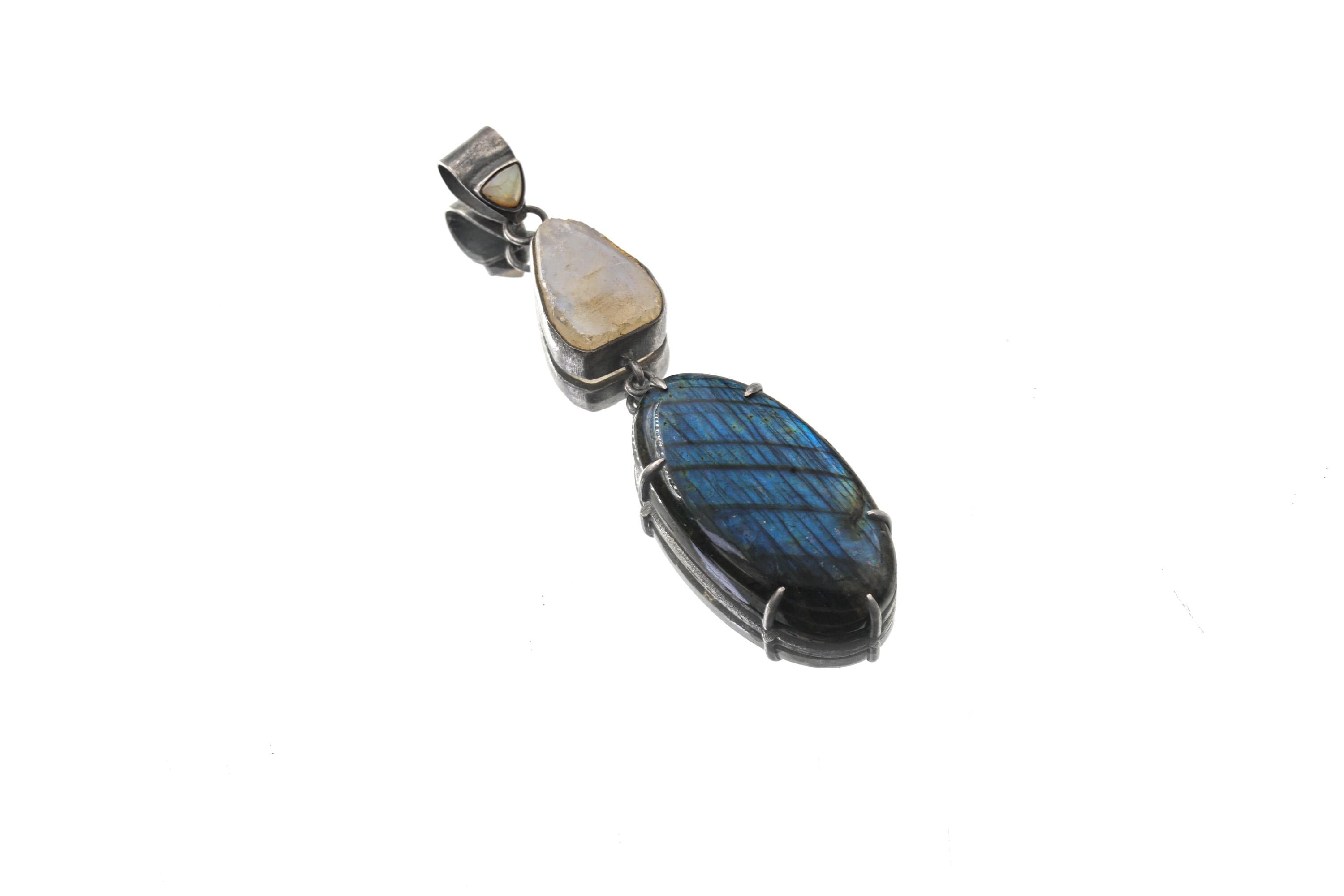 Ethiopian Opal Moonstone Labradorite Pendant: Sterling Silver Celestial Jewelry