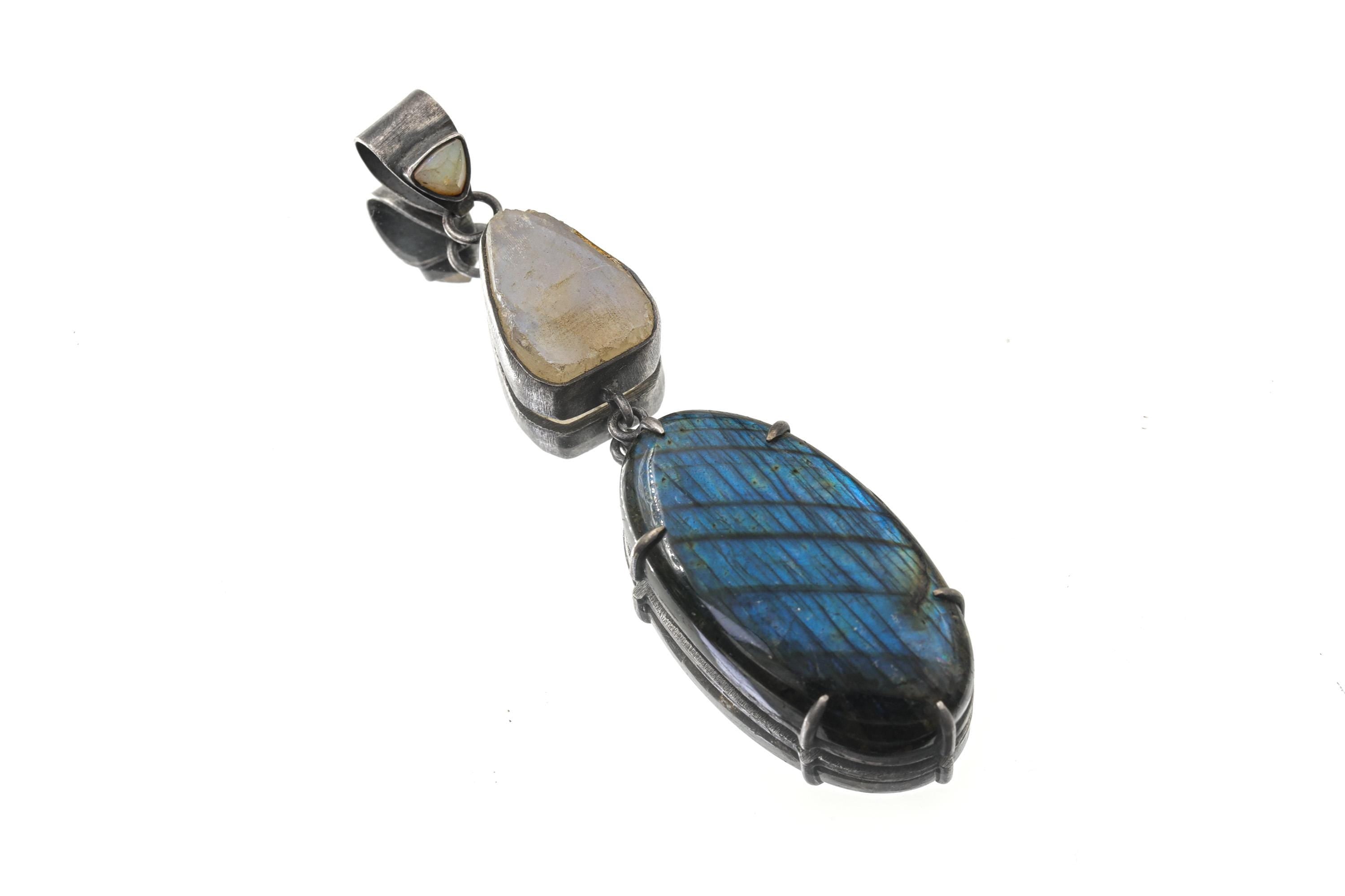 Ethiopian Opal Moonstone Labradorite Pendant: Sterling Silver Celestial Jewelry