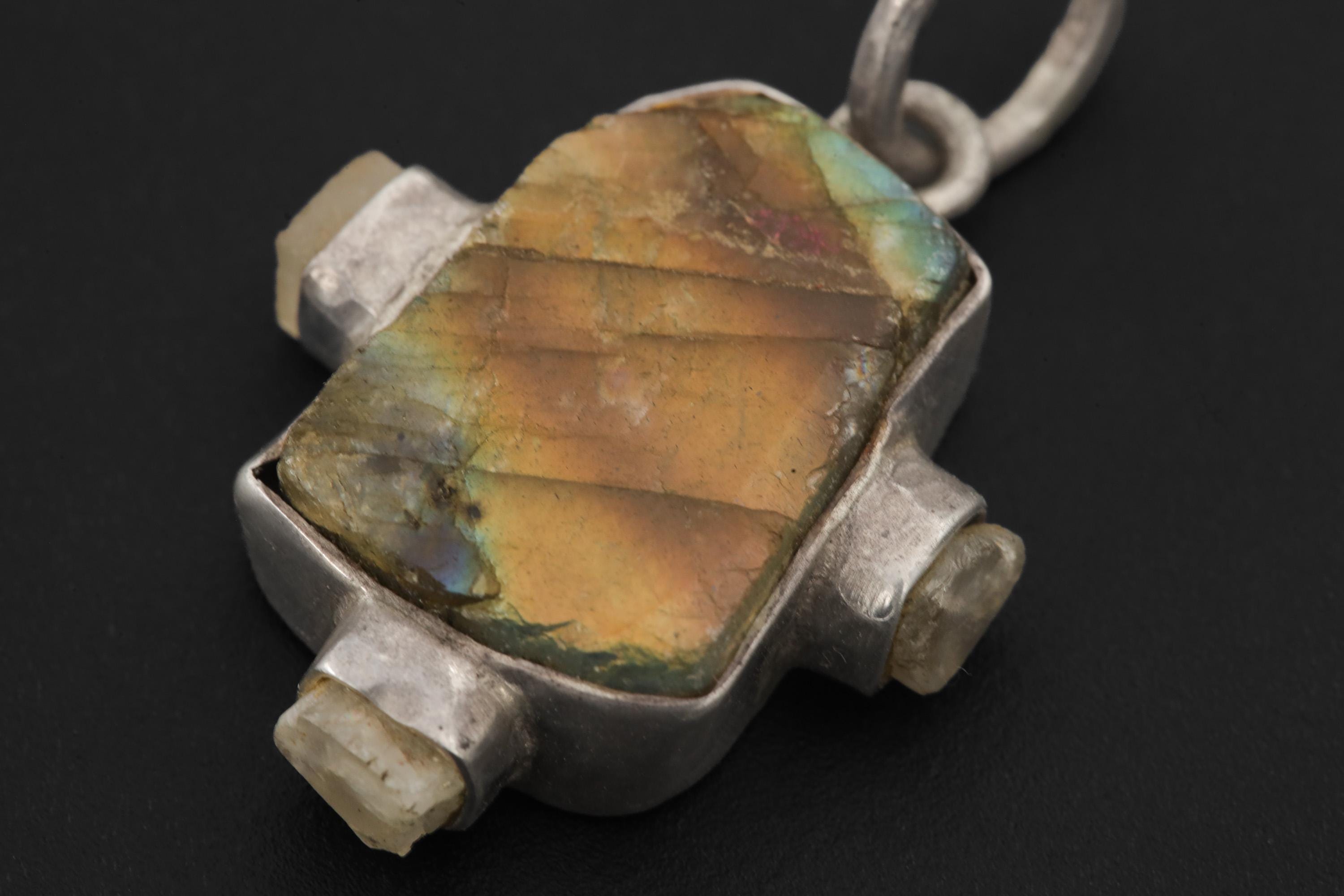 Raw Labradorite Moonstone Pendant: Hammered Sterling Silver Healing Necklace