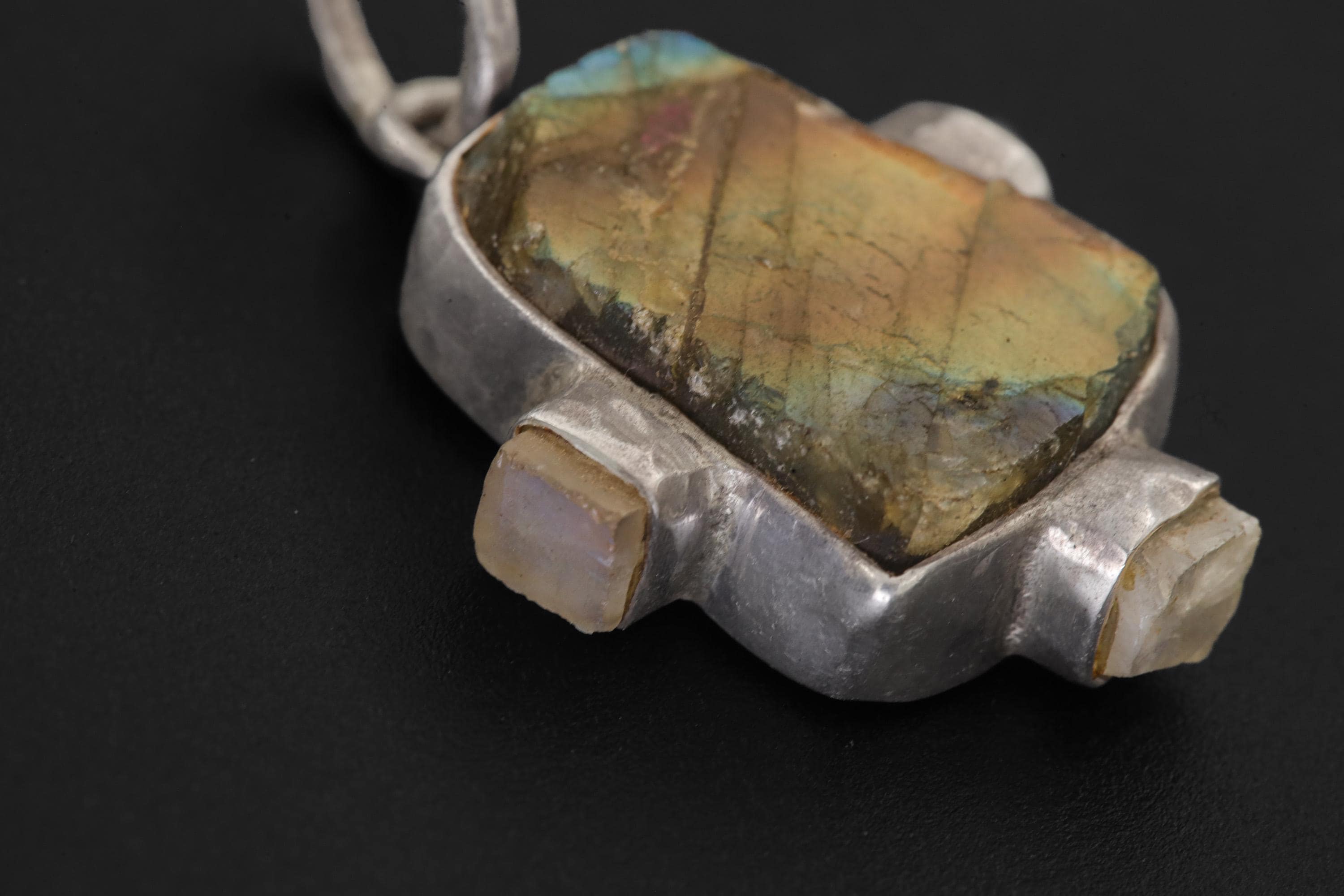 Raw Labradorite Moonstone Pendant: Hammered Sterling Silver Healing Necklace