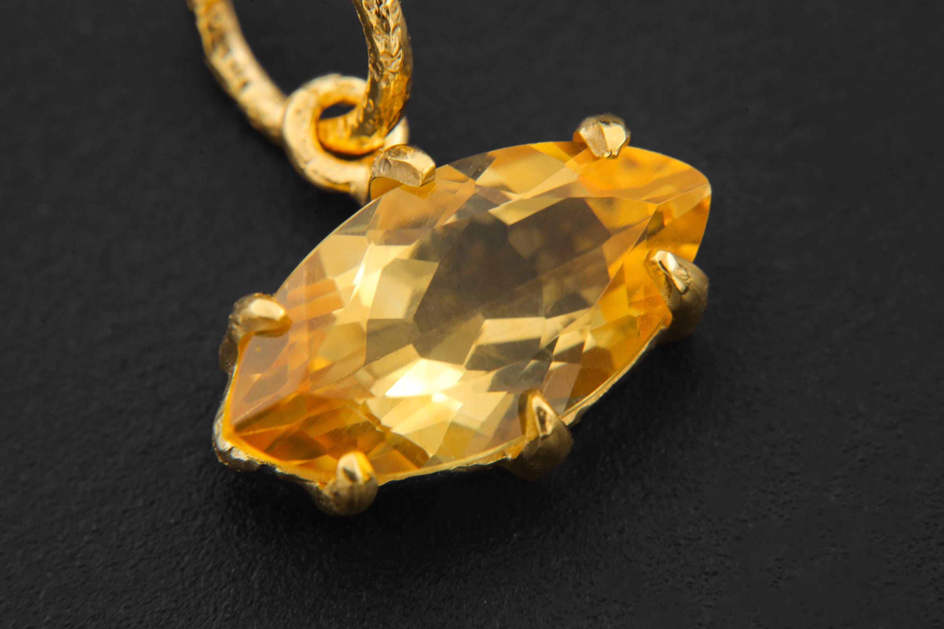 Claw Set Natural citrine Eye Pendant, Gold Plated 925 Sterling Sand textured Silver, Faceted Marquise Crystal, Throat Chakra December Gift