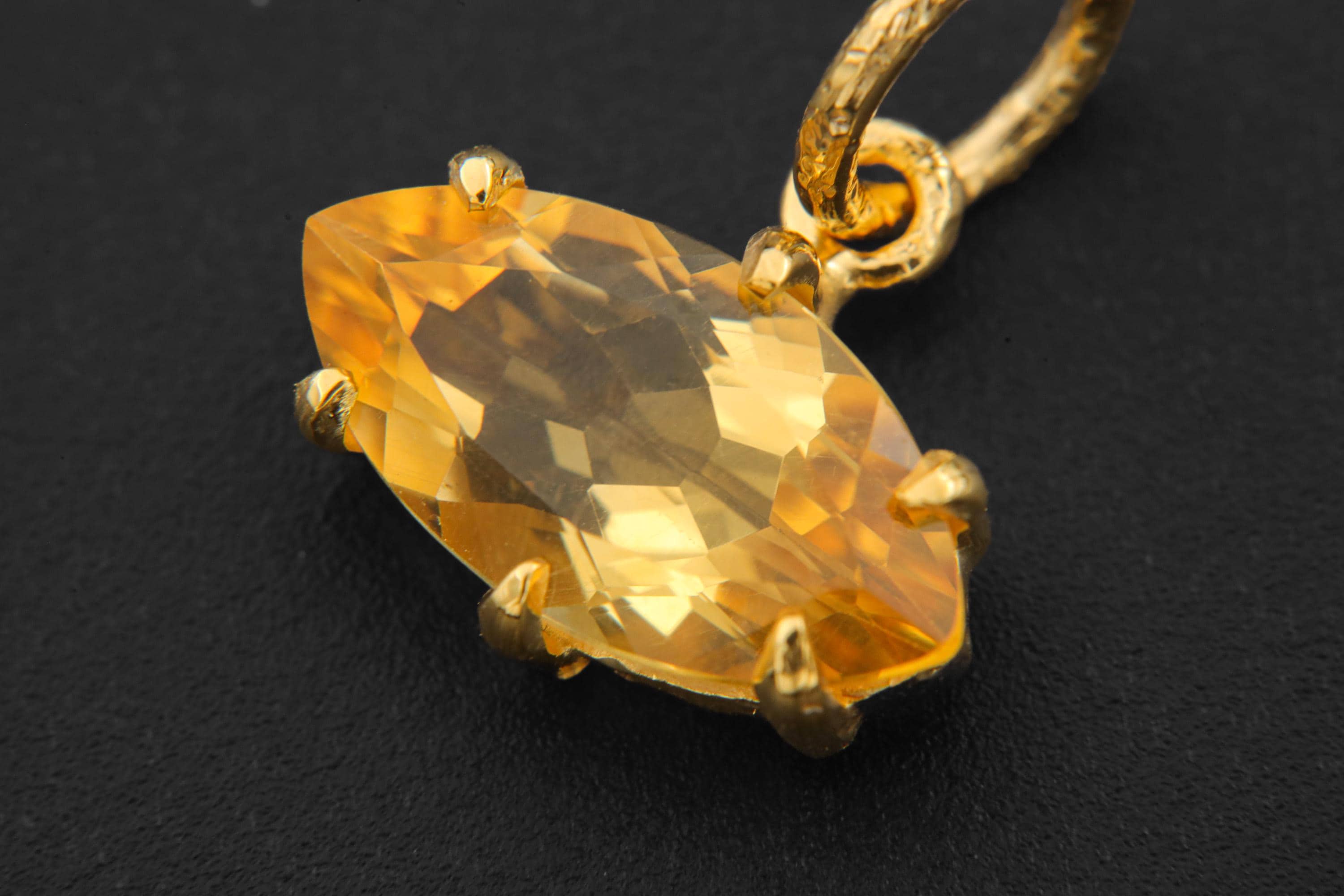 Claw Set Natural citrine Eye Pendant, Gold Plated 925 Sterling Sand textured Silver, Faceted Marquise Crystal, Throat Chakra December Gift