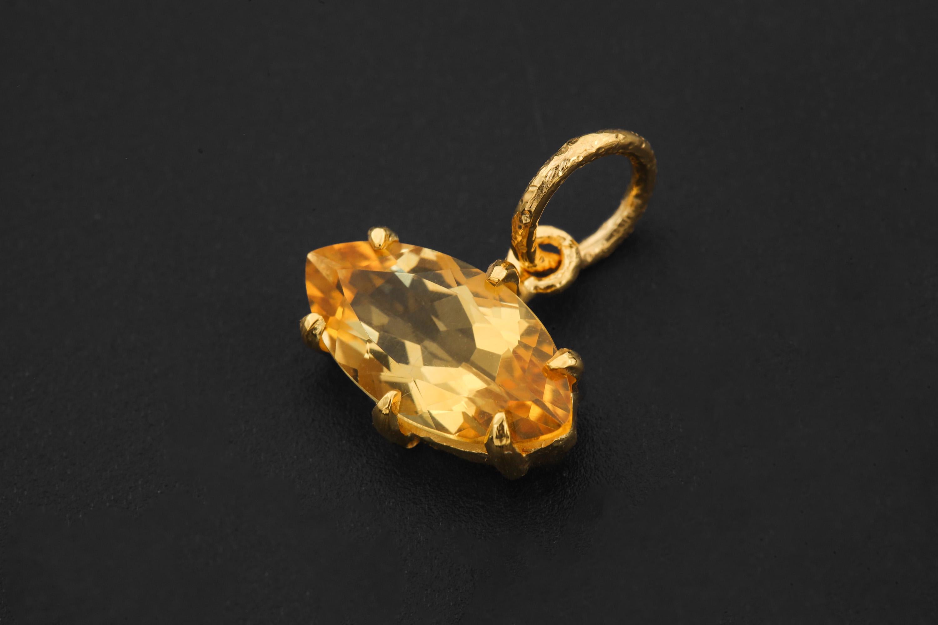 Claw Set Natural citrine Eye Pendant, Gold Plated 925 Sterling Sand textured Silver, Faceted Marquise Crystal, Throat Chakra December Gift