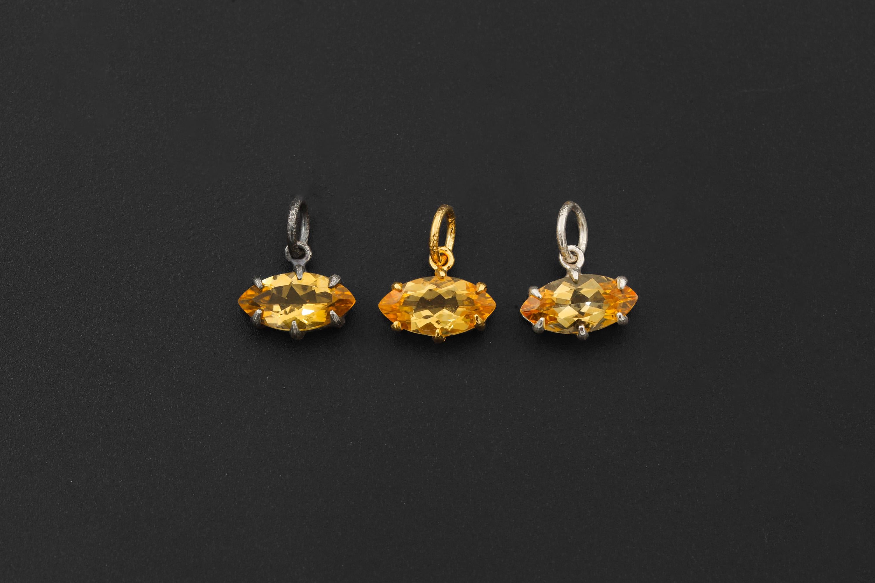 Claw Set Natural citrine Eye Pendant, Gold Plated 925 Sterling Sand textured Silver, Faceted Marquise Crystal, Throat Chakra December Gift