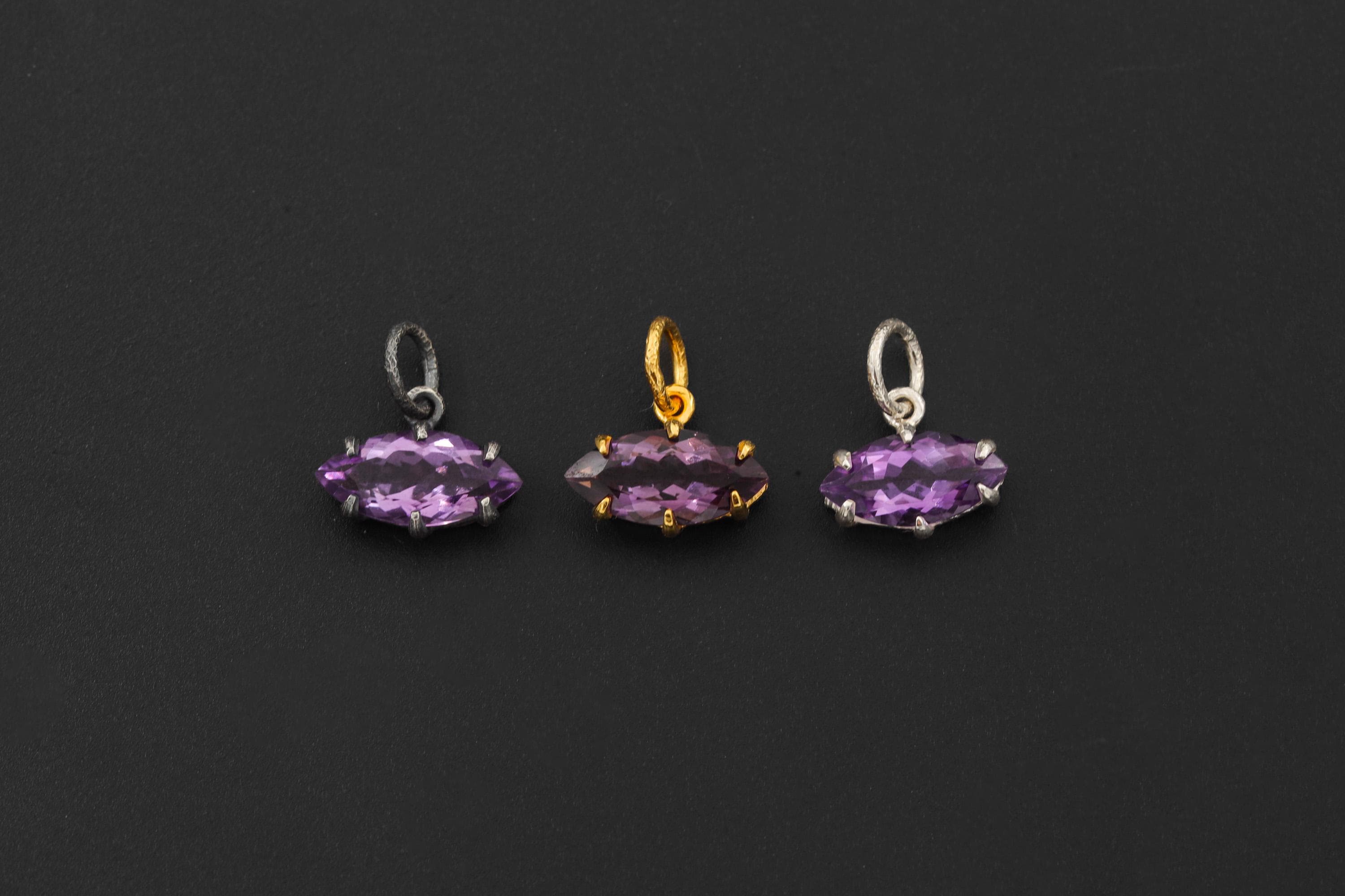 Amethyst Eye Pendant 925 Sterling Silver 18k Gold Plated Marquise Claw Set Sand Textured Necklace Crown Third Eye Chakra Gift