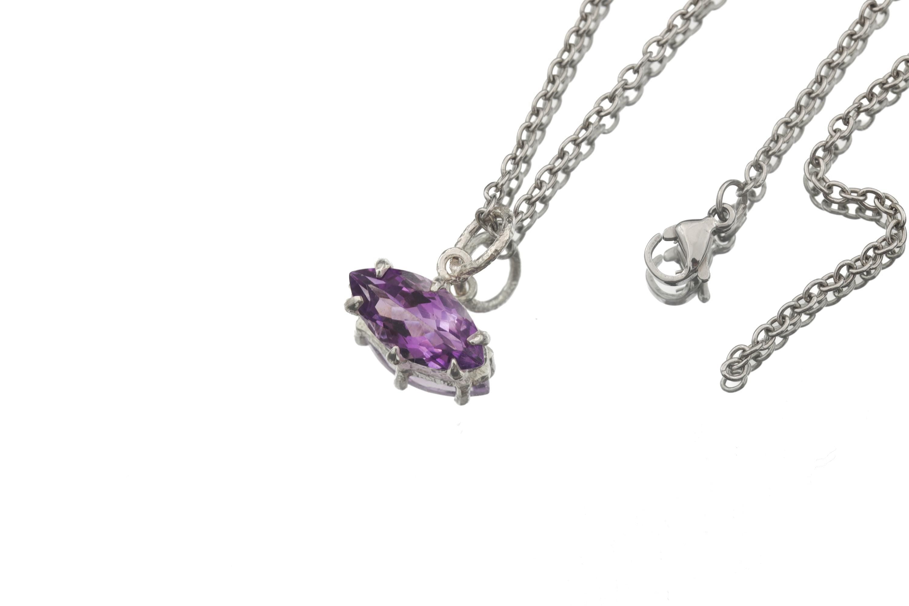 Amethyst Eye Pendant 925 Sterling Silver Claw Set High Shine Marquise Necklace Crown Third Eye Chakra Pisces Gift