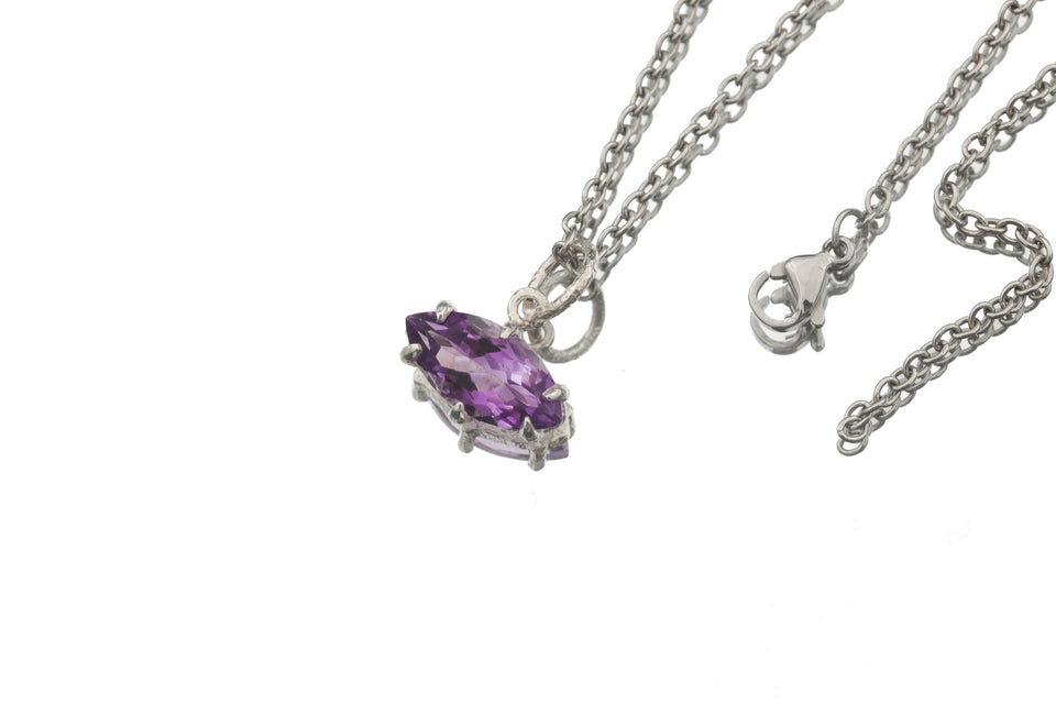 Amethyst Eye Pendant 925 Sterling Silver Claw Set High Shine Marquise Necklace Crown Third Eye Chakra Pisces Gift