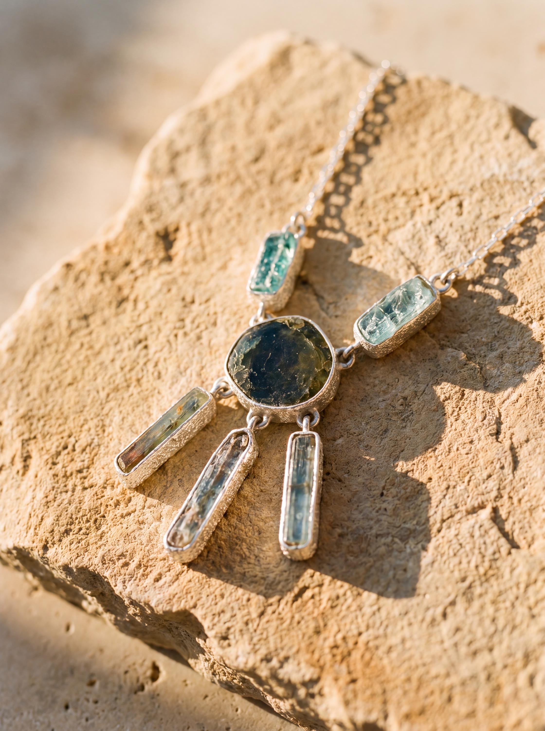Tourmaline Apatite Aquamarine Necklace, 925 Silver Box Chain, Handmade
