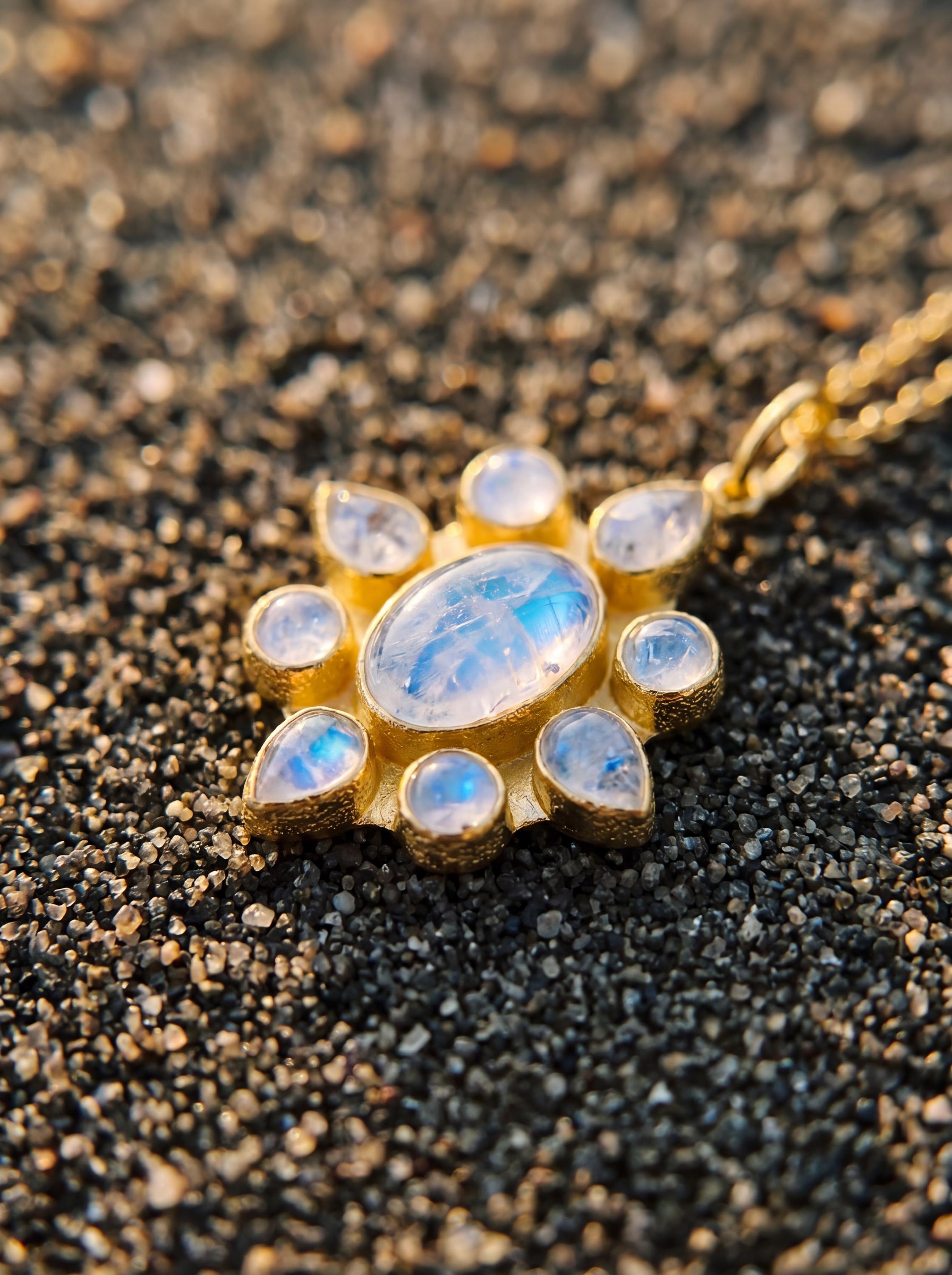 Blue Moonstone Sunflower Pendant, 18K Gold Plated Sterling Silver Necklace, Handmade