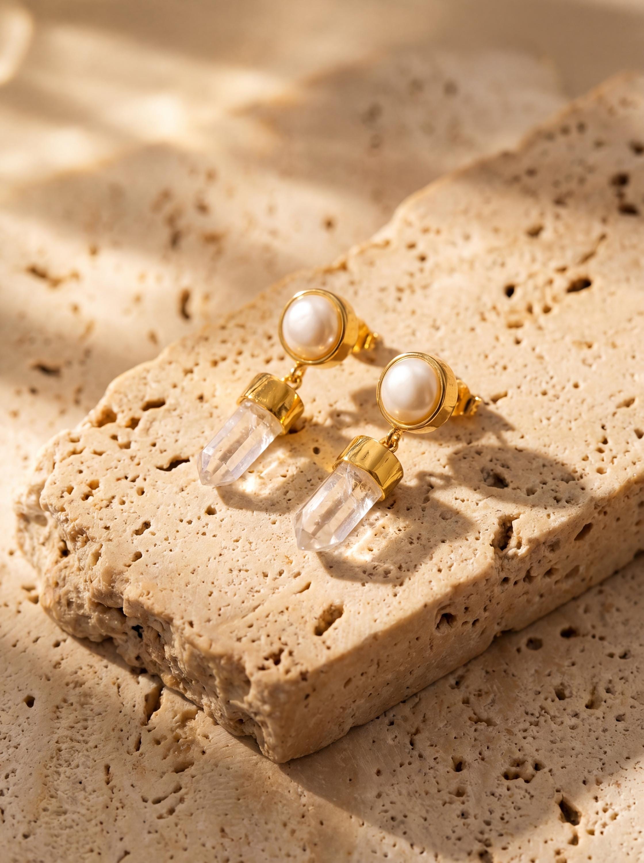 South Sea Pearl & Himalayan Quartz Dangle Studs - Gold Plated Sterling Silver