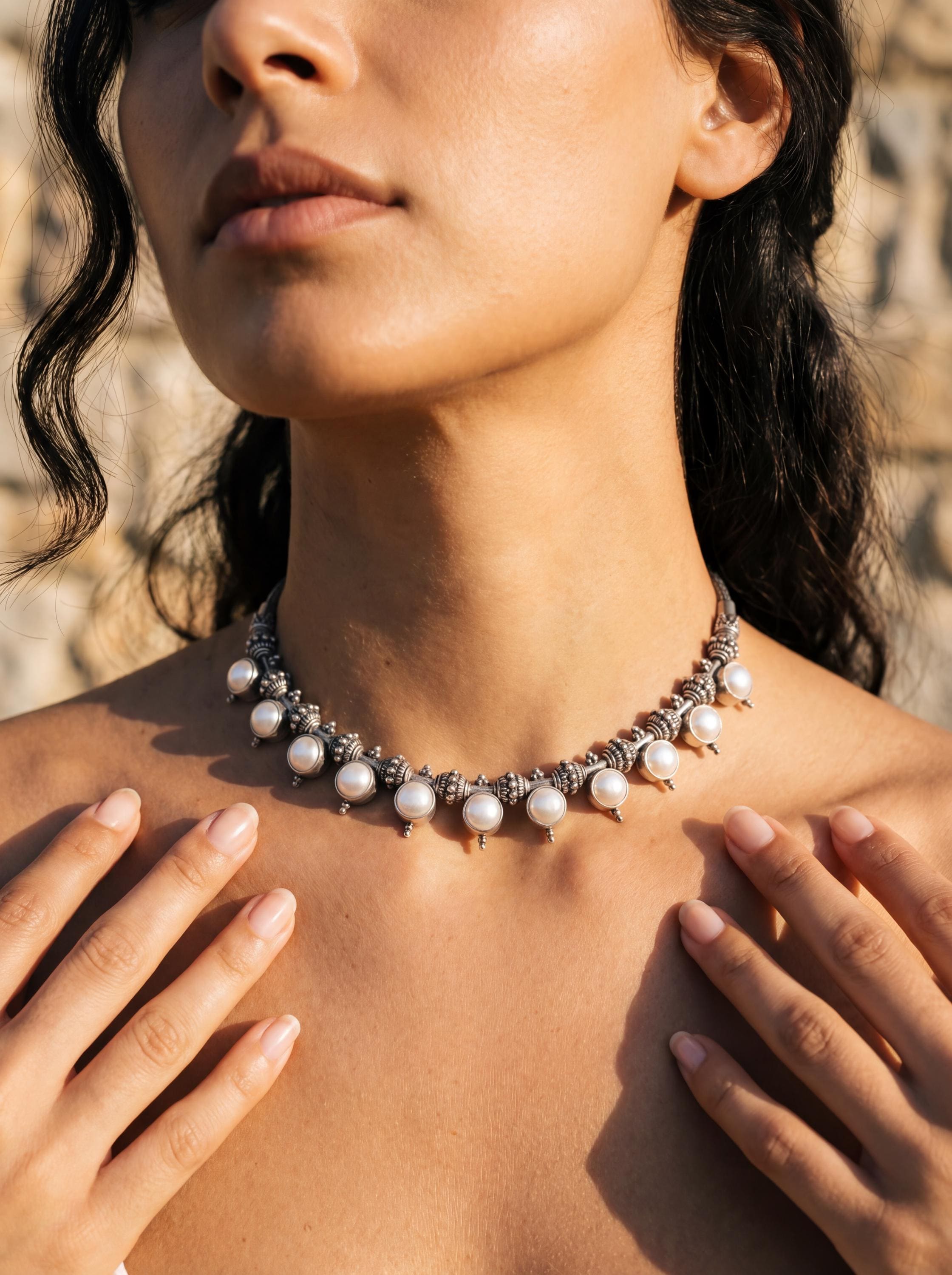 Handmade White Pearl Sterling Silver Necklace, Oxidized Beaded Chain, Ocean Luster Jewelry