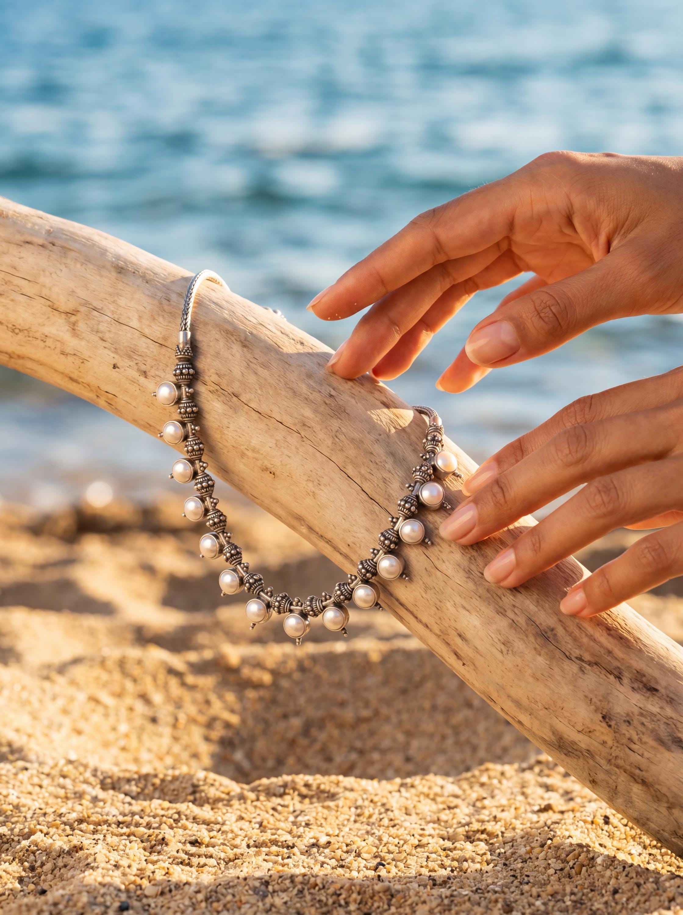 Handmade White Pearl Sterling Silver Necklace, Oxidized Beaded Chain, Ocean Luster Jewelry