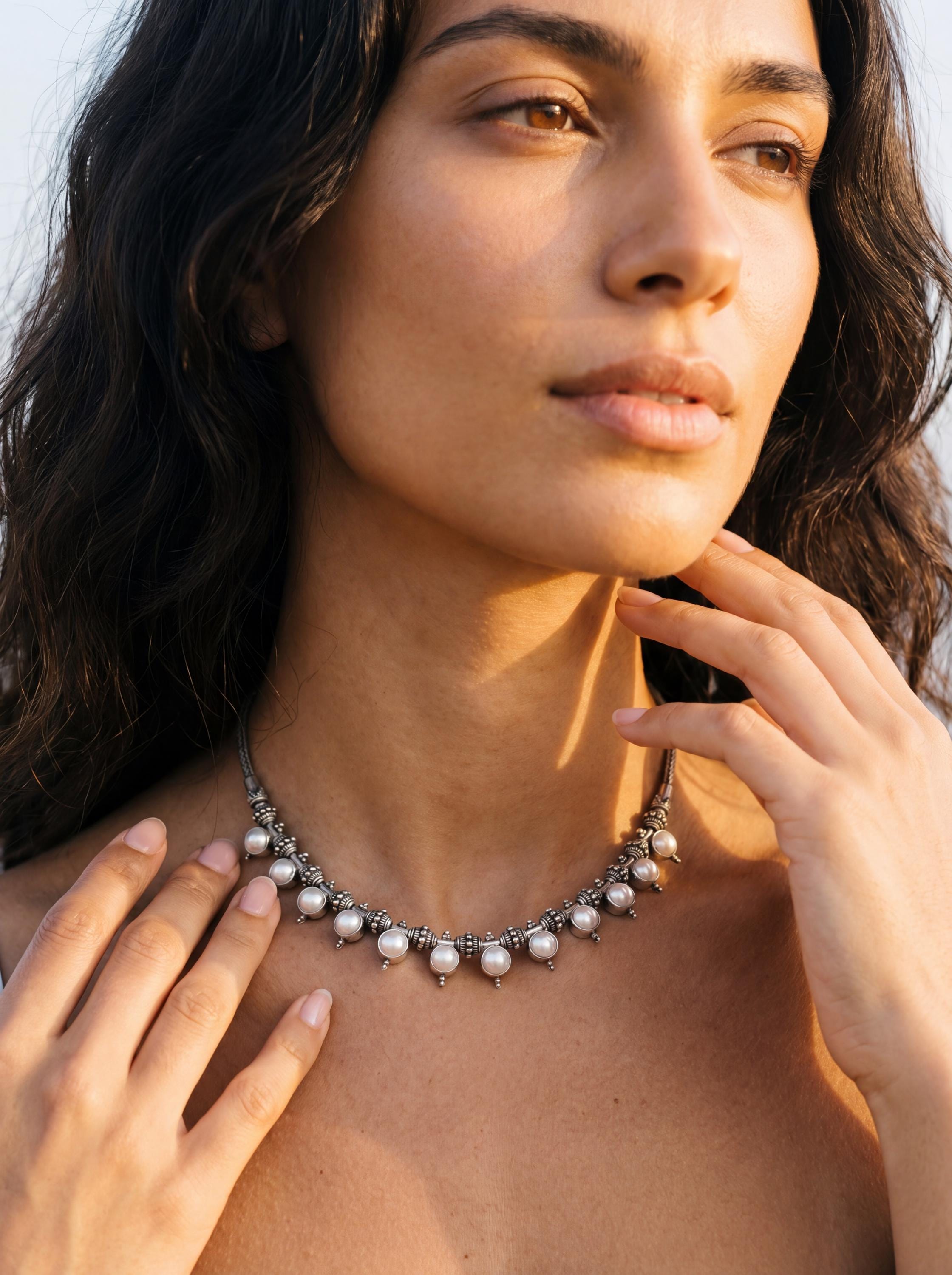 Handmade White Pearl Sterling Silver Necklace, Oxidized Beaded Chain, Ocean Luster Jewelry