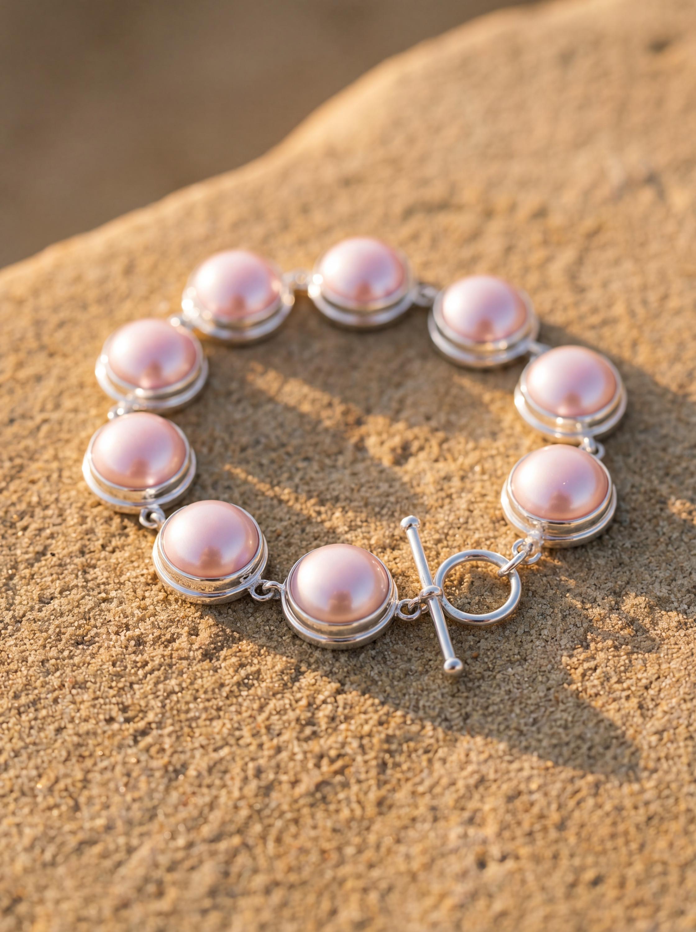 Pink Mabe Pearl Sterling Silver Bracelet, High Shine Toggle Clasp, Ocean Pearl Jewelry