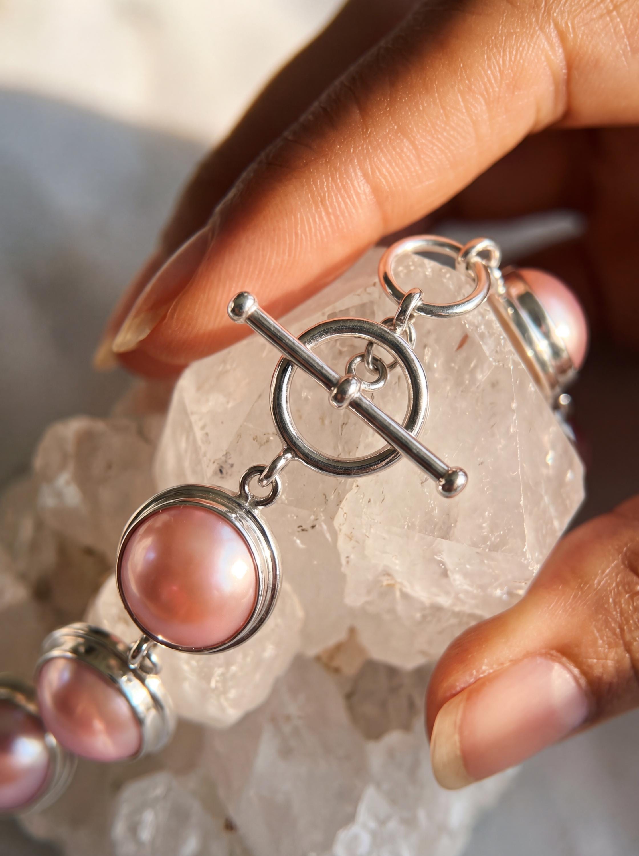 Pink Mabe Pearl Sterling Silver Bracelet, High Shine Toggle Clasp, Ocean Pearl Jewelry