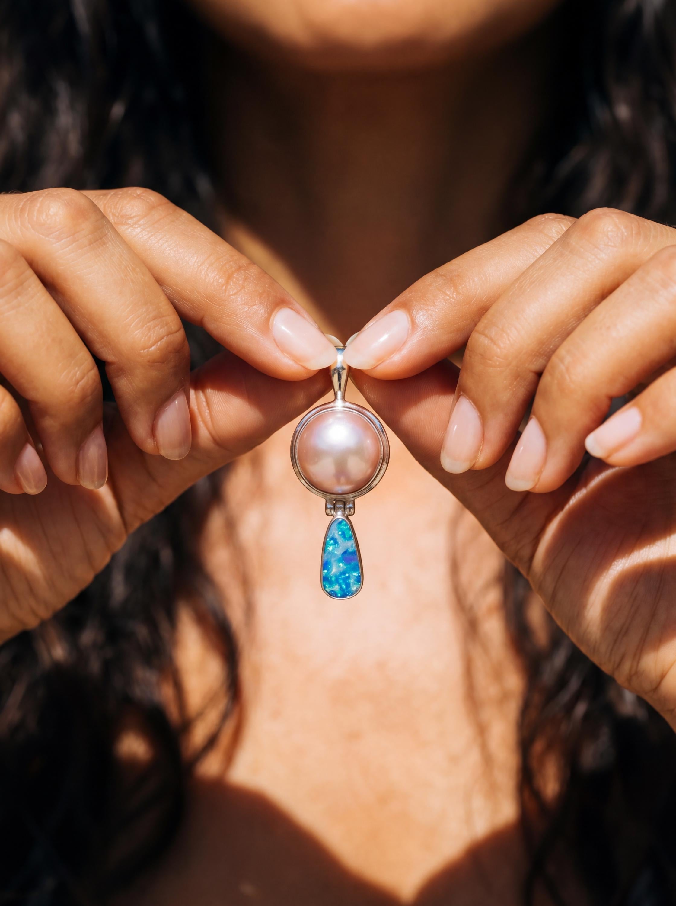 Blue Opal Pearl Pendant 925 Silver Ocean Talisman Teardrop Necklace High Shine Bezel Set Handmade Crystal Gift Jewelry