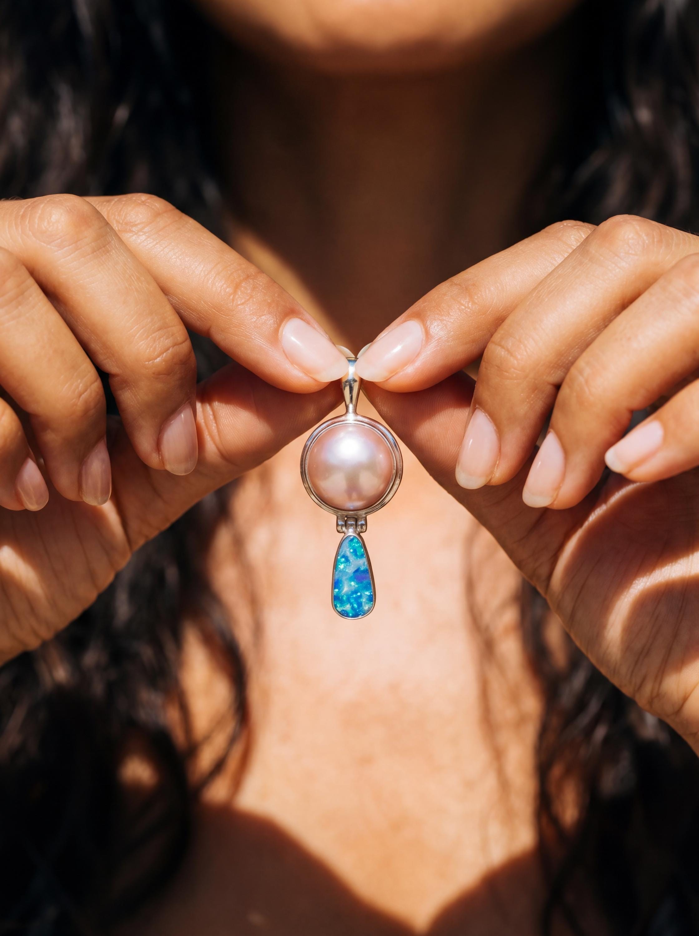 Blue Opal Pearl Pendant 925 Silver Ocean Talisman Teardrop Necklace High Shine Bezel Set Handmade Crystal Gift Jewelry