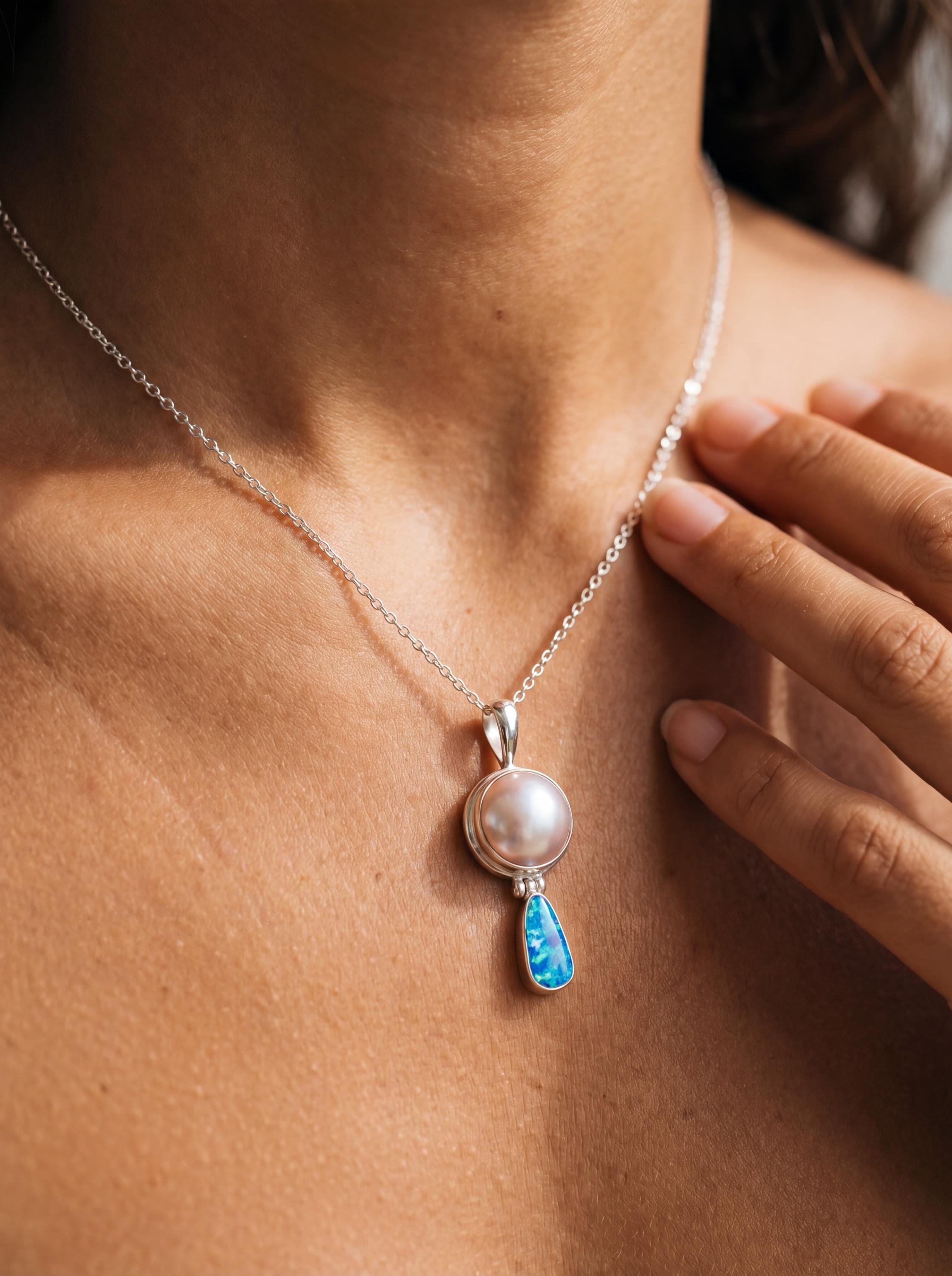 Sterling Silver Pearl Opal Pendant Necklace, Round Pear Shape Drop Jewelry