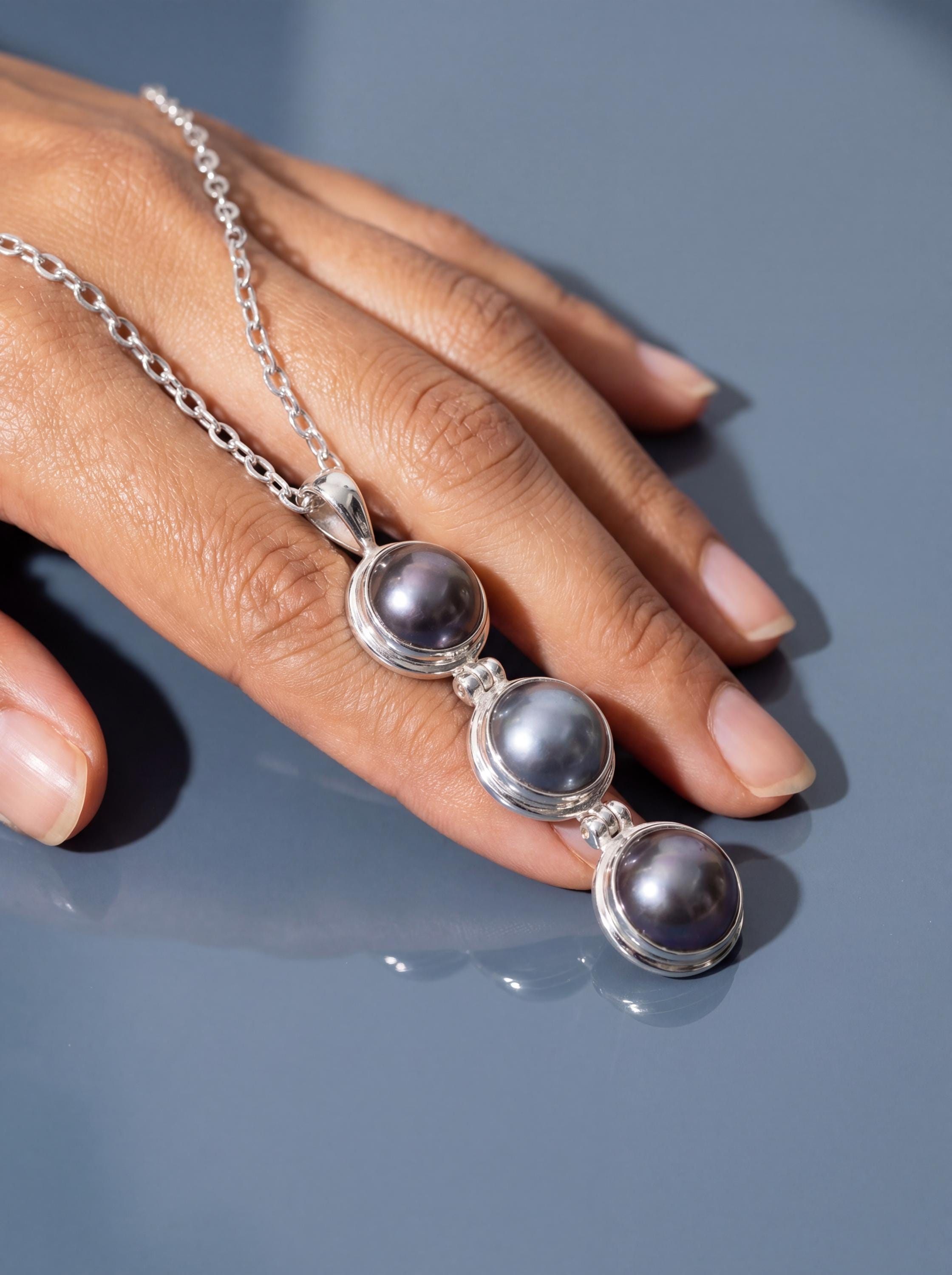 Triple Black Pearl Drop Pendant, 925 Sterling Silver, Elegant Minimalist Ocean Jewelry