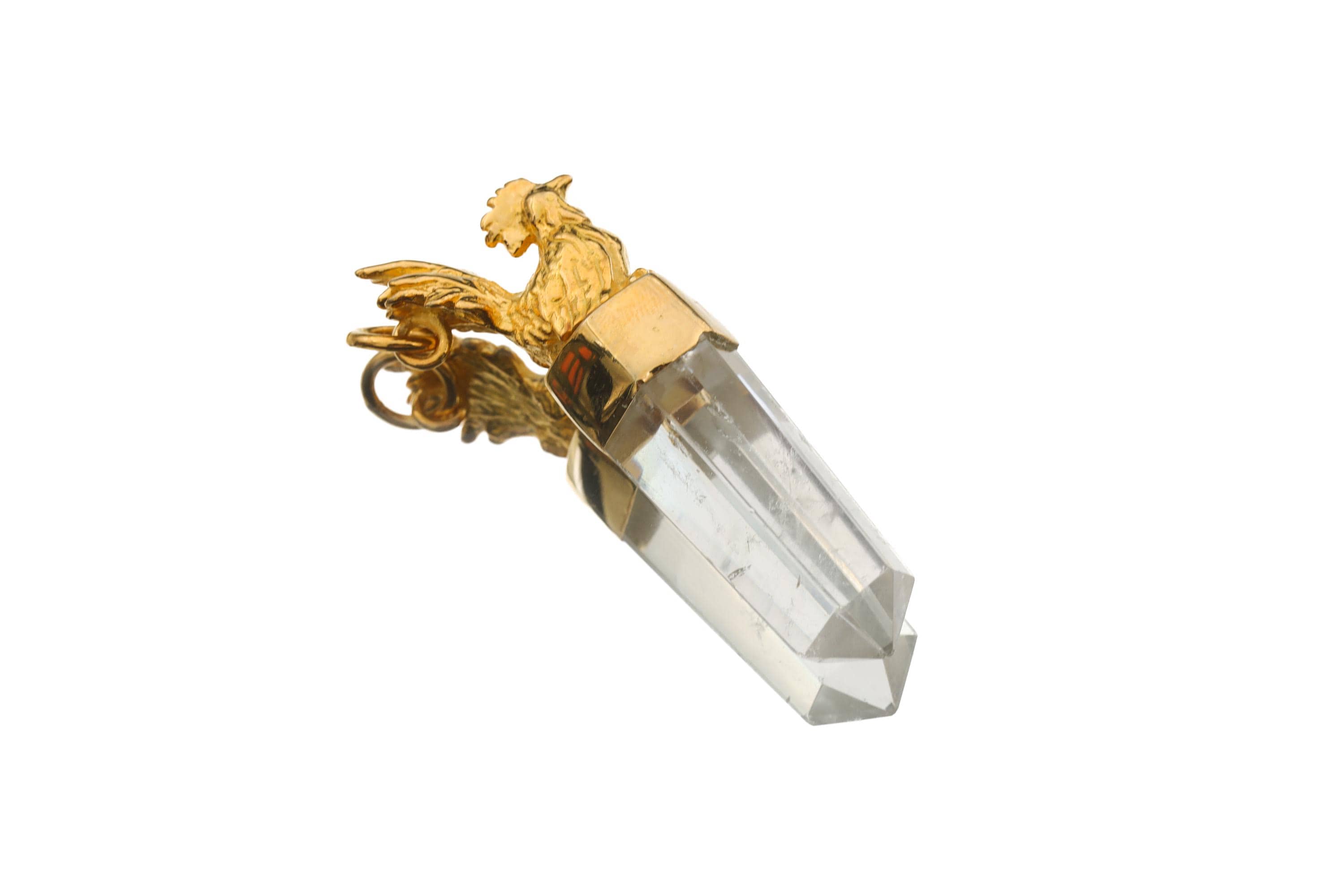 Gold Plated Silver Quartz Point Pendant: Brass Rooster Talisman Amulet