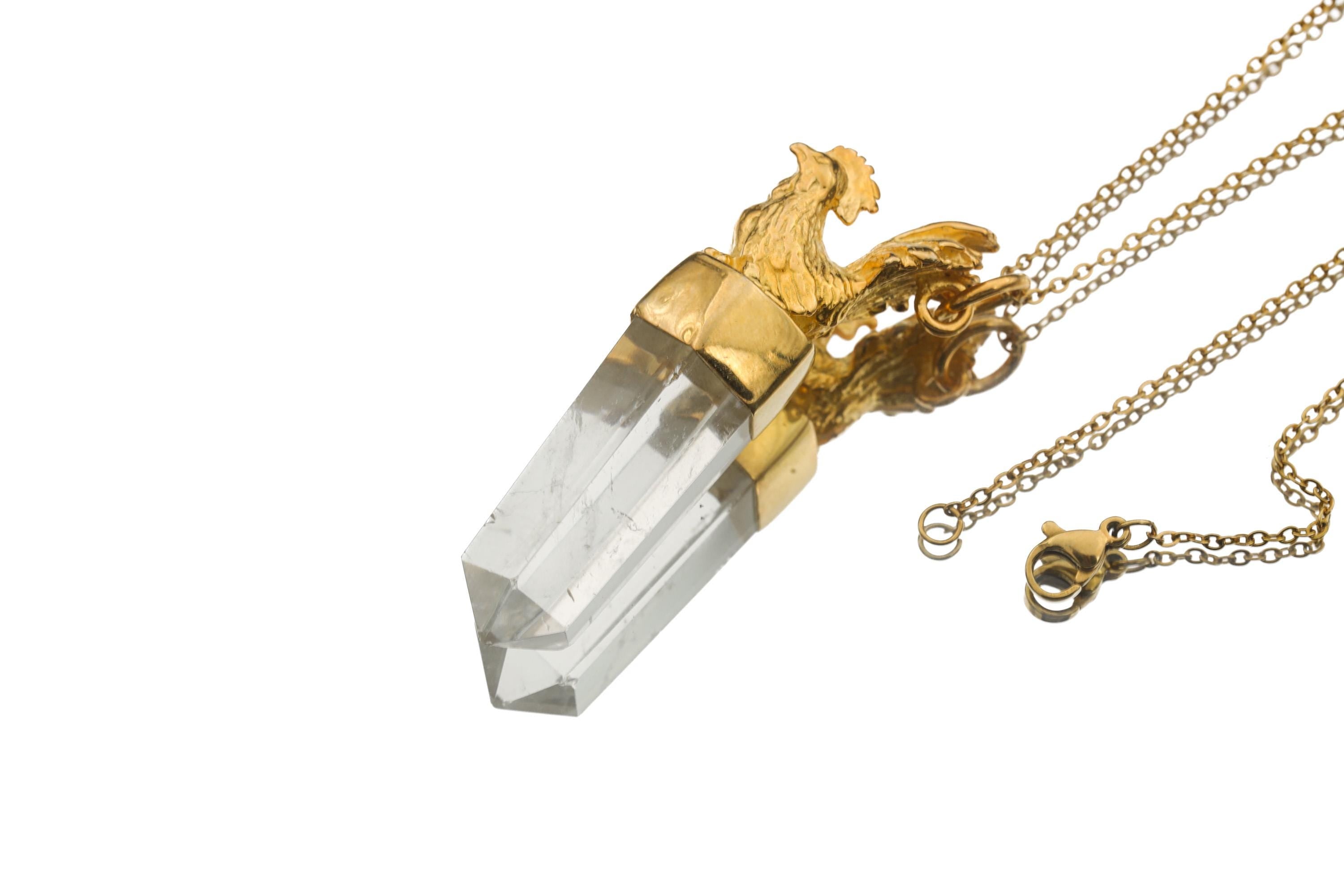 Gold Plated Silver Quartz Point Pendant: Brass Rooster Talisman Amulet