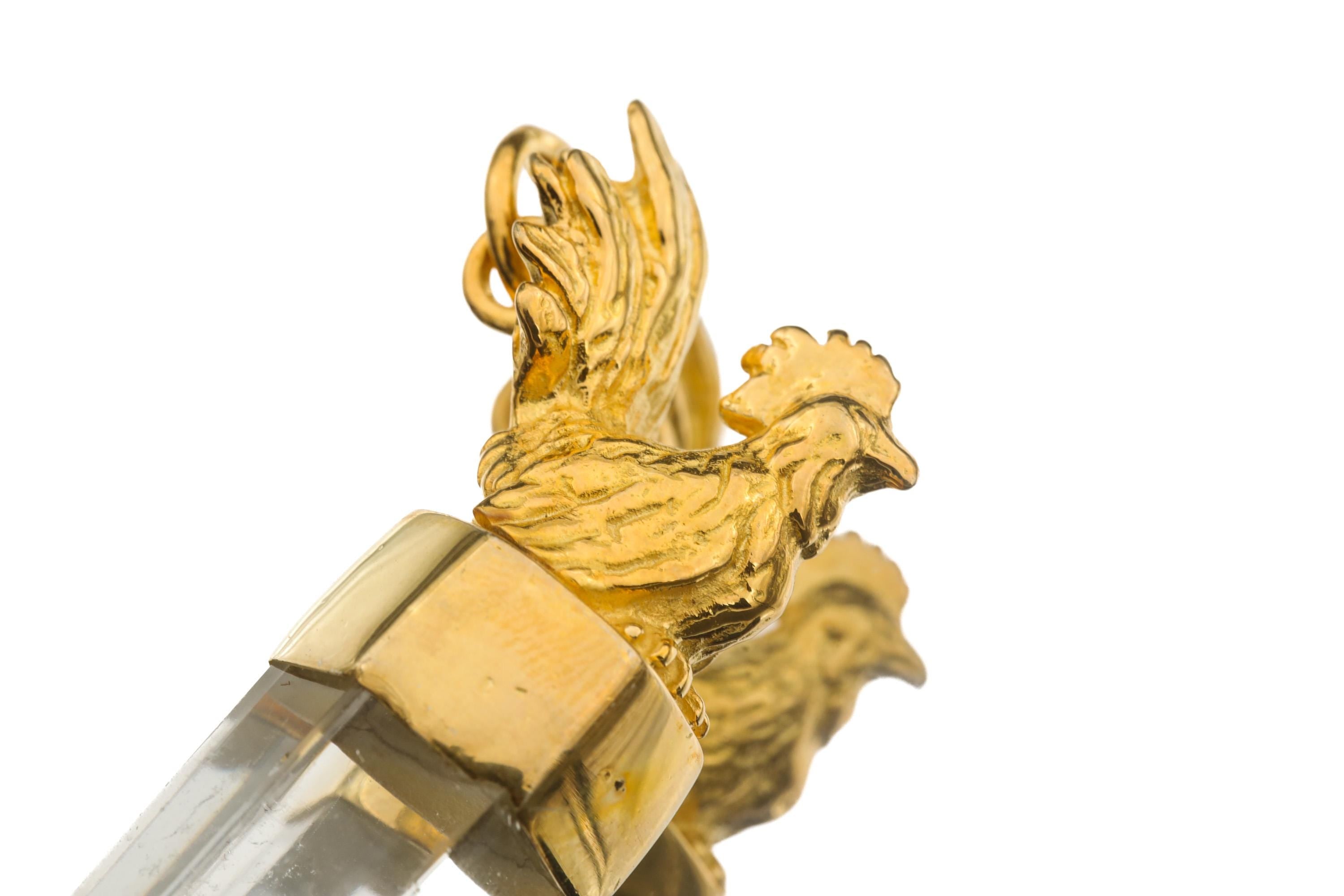 Gold Plated Silver Quartz Point Pendant: Brass Rooster Talisman Amulet