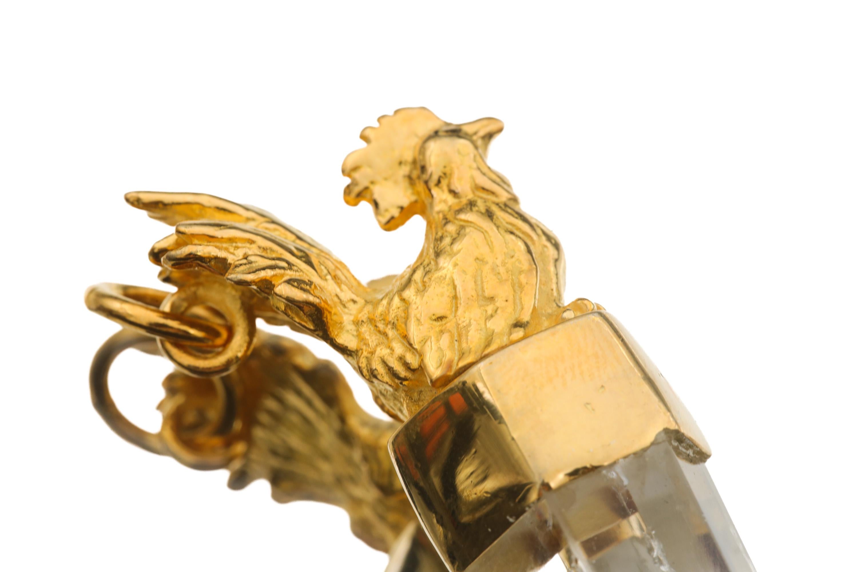Gold Plated Silver Quartz Point Pendant: Brass Rooster Talisman Amulet
