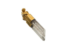 Monkey Tiger Lemurian Quartz pendant shown on a white background with gold-plated animal spirit figure and vertical Quartz crystal.