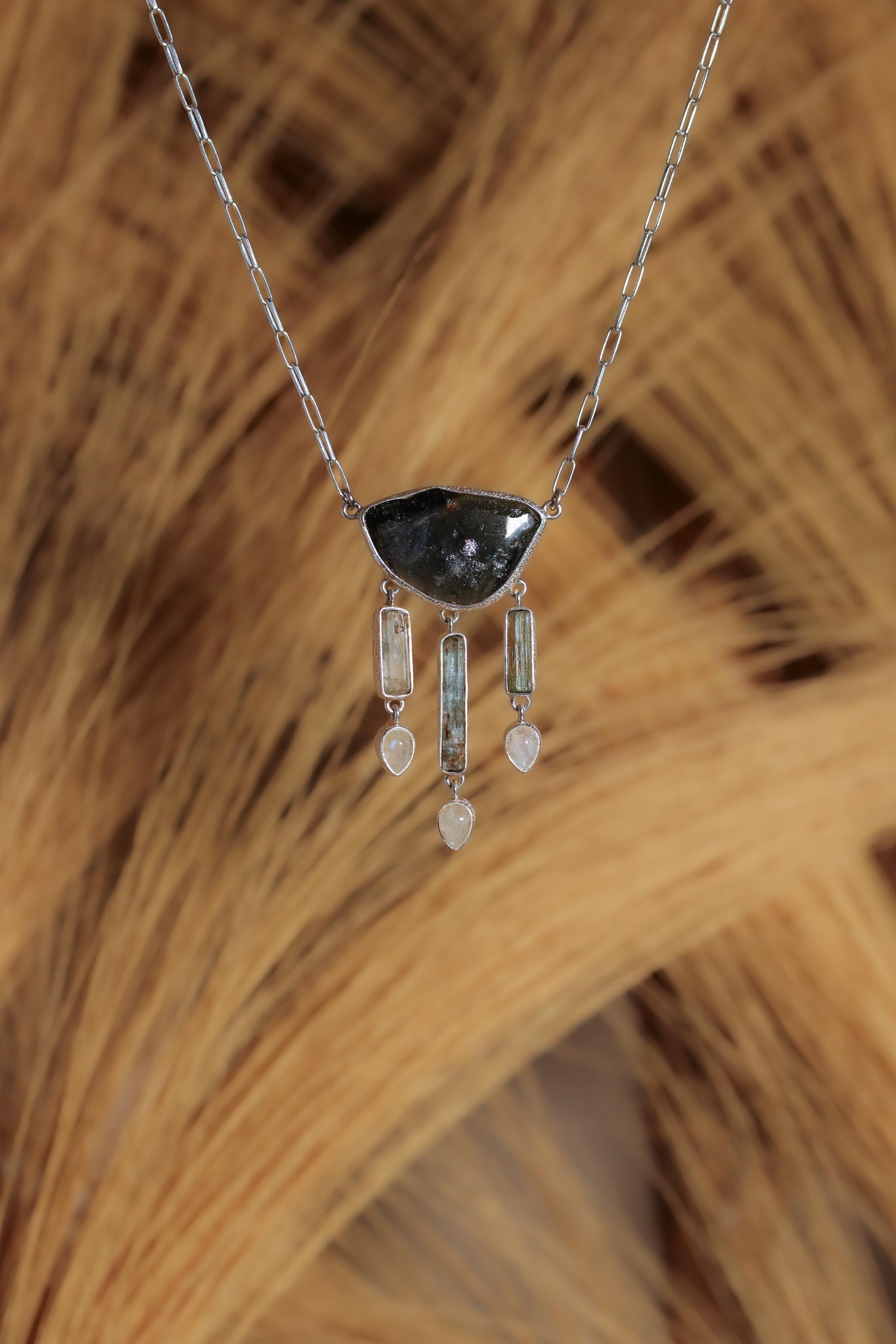 Raw Blue Tourmaline Slice Necklace, Aquamarine Moonstone, 925 Silver