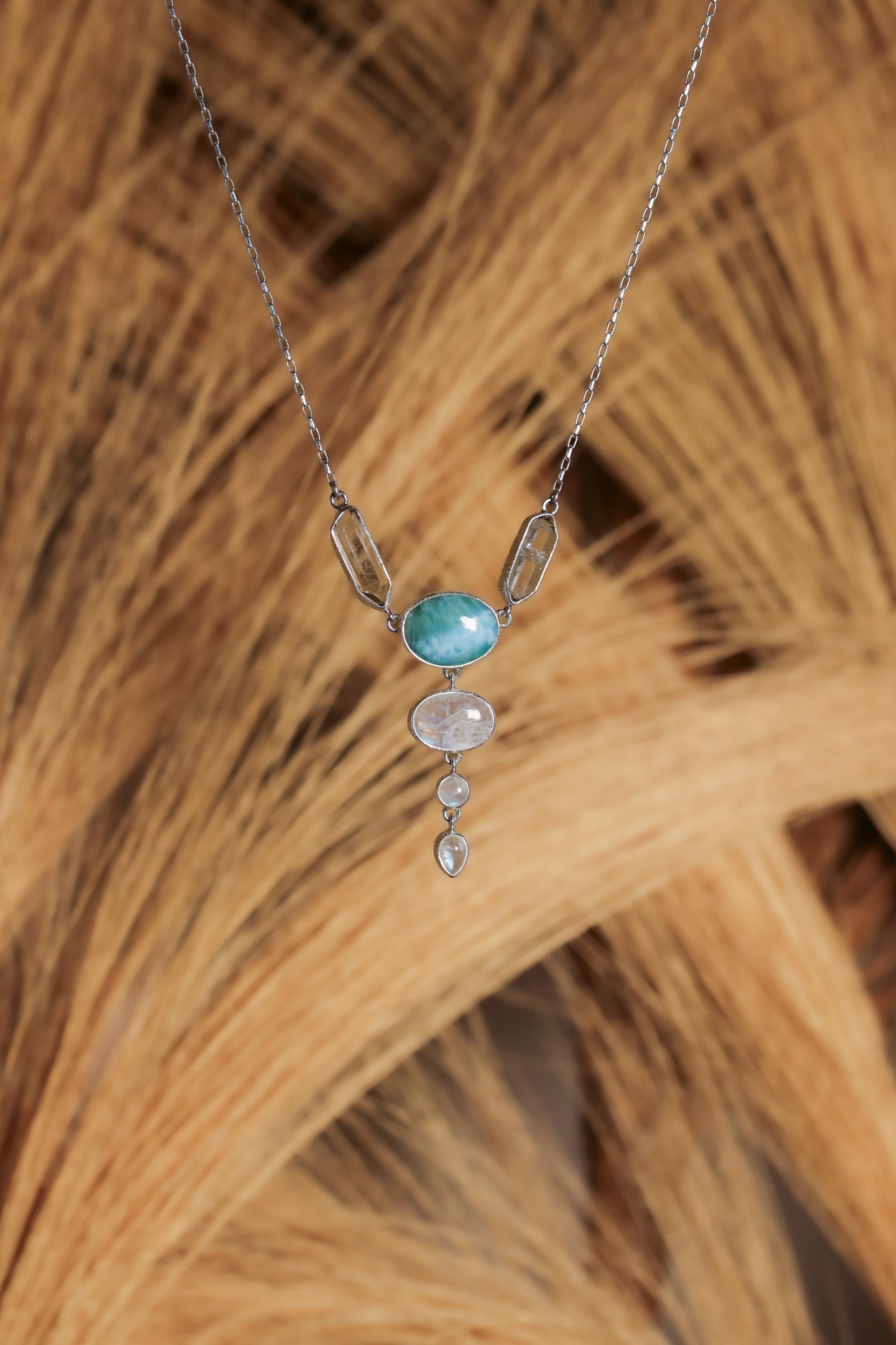 Larimar Moonstone Quartz Necklace 925 Sterling Silver Ocean Pendant Throat Crown Chakra Sea Sky Jewelry Gift
