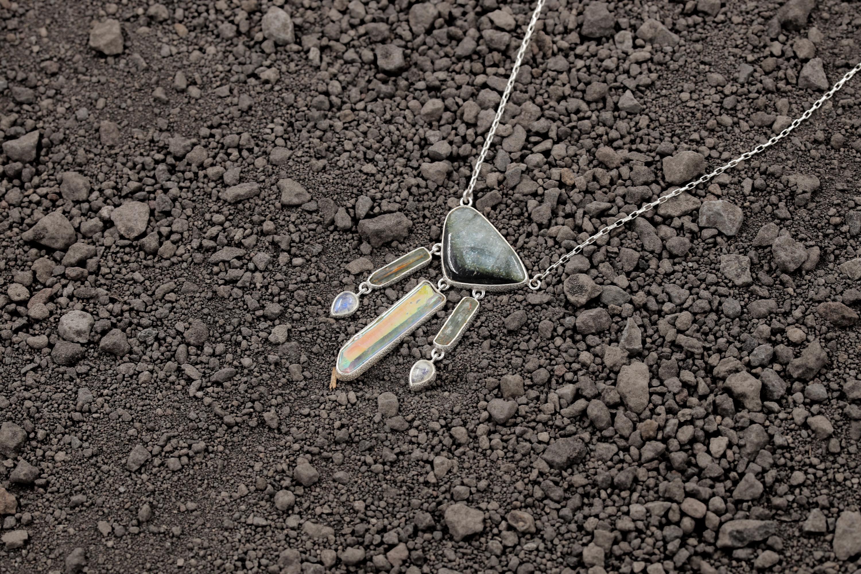 Handmade Sterling Silver Gemstone Necklace, Blue Tourmaline, Aquamarine, Moonstone