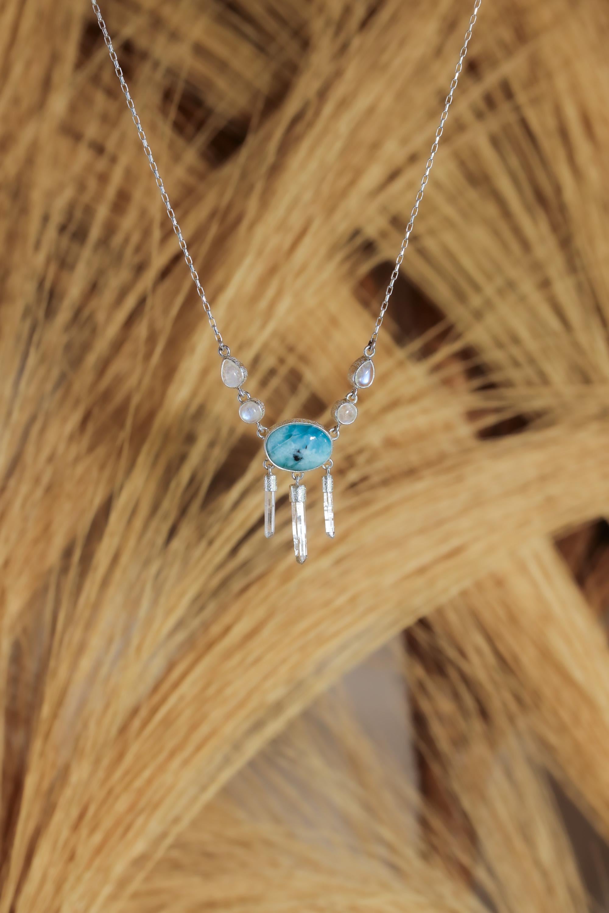 Larimar Moonstone Quartz Necklace, 925 Silver Box Chain, Healing Crystal Jewelry