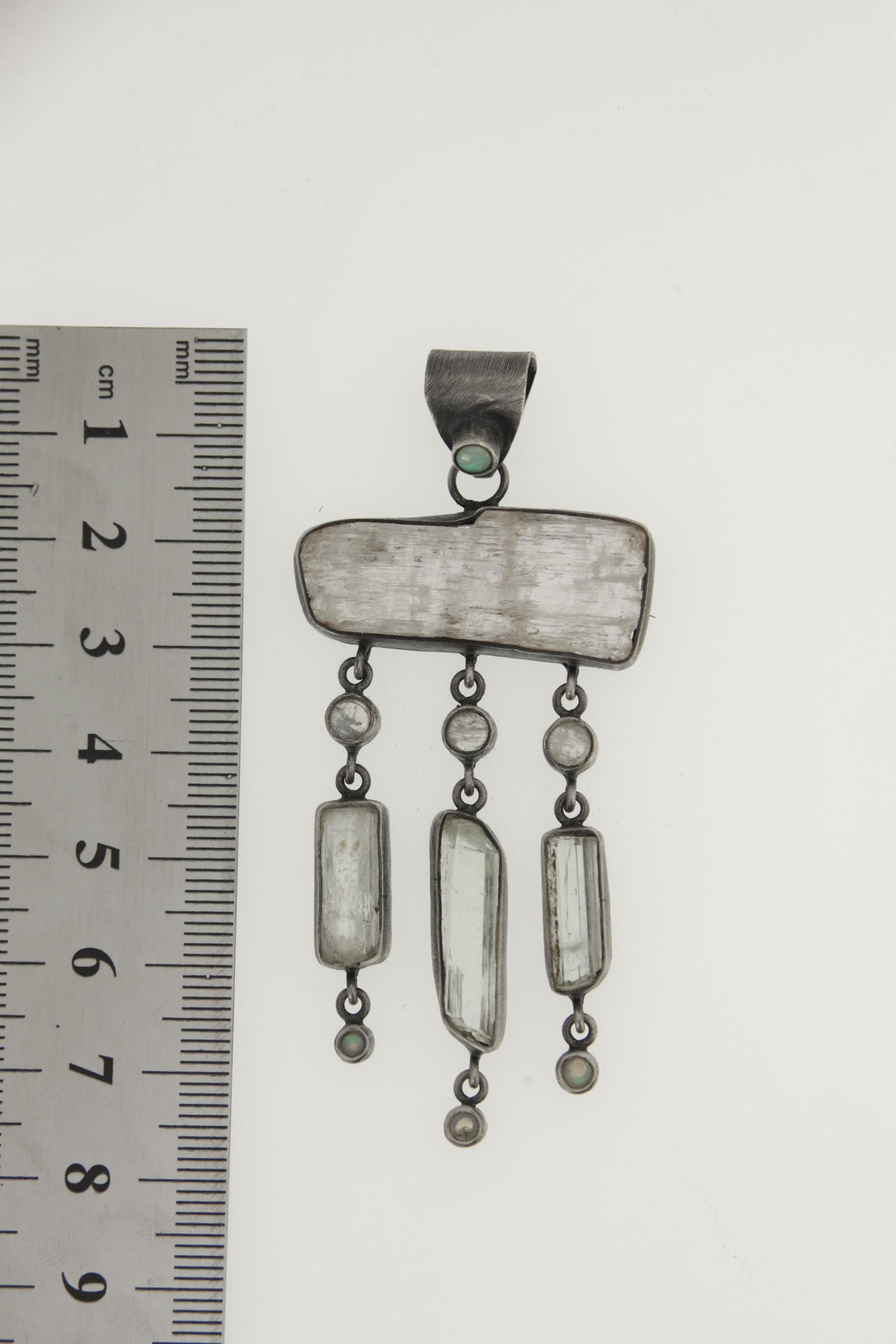 Oxidized Sterling Silver Gemstone Pendant: Opal, Kunzite, Moonstone & Aquamarine