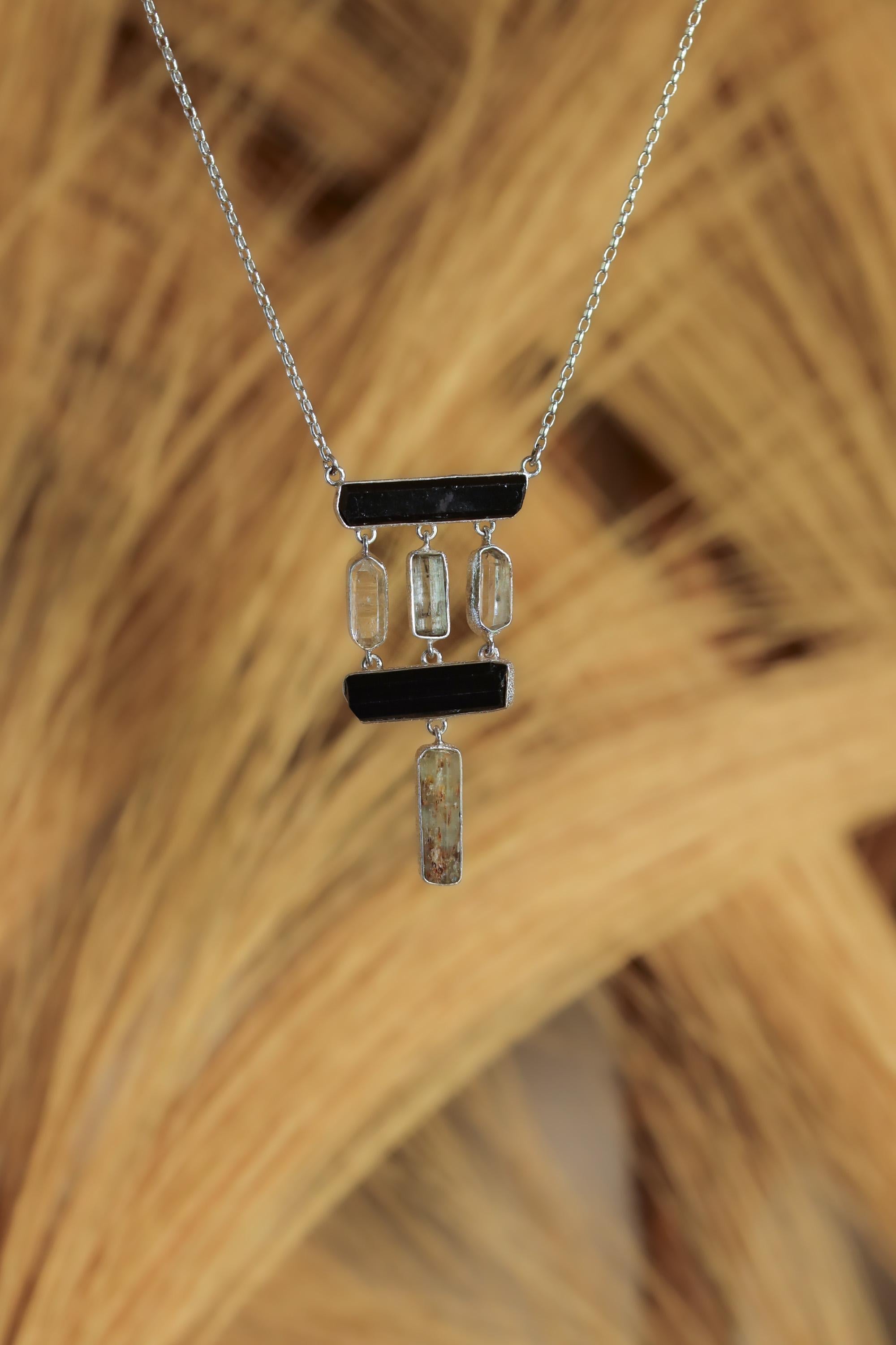 Black Tourmaline Aquamarine 925 Silver Pendant, Geometric Rolo Chain