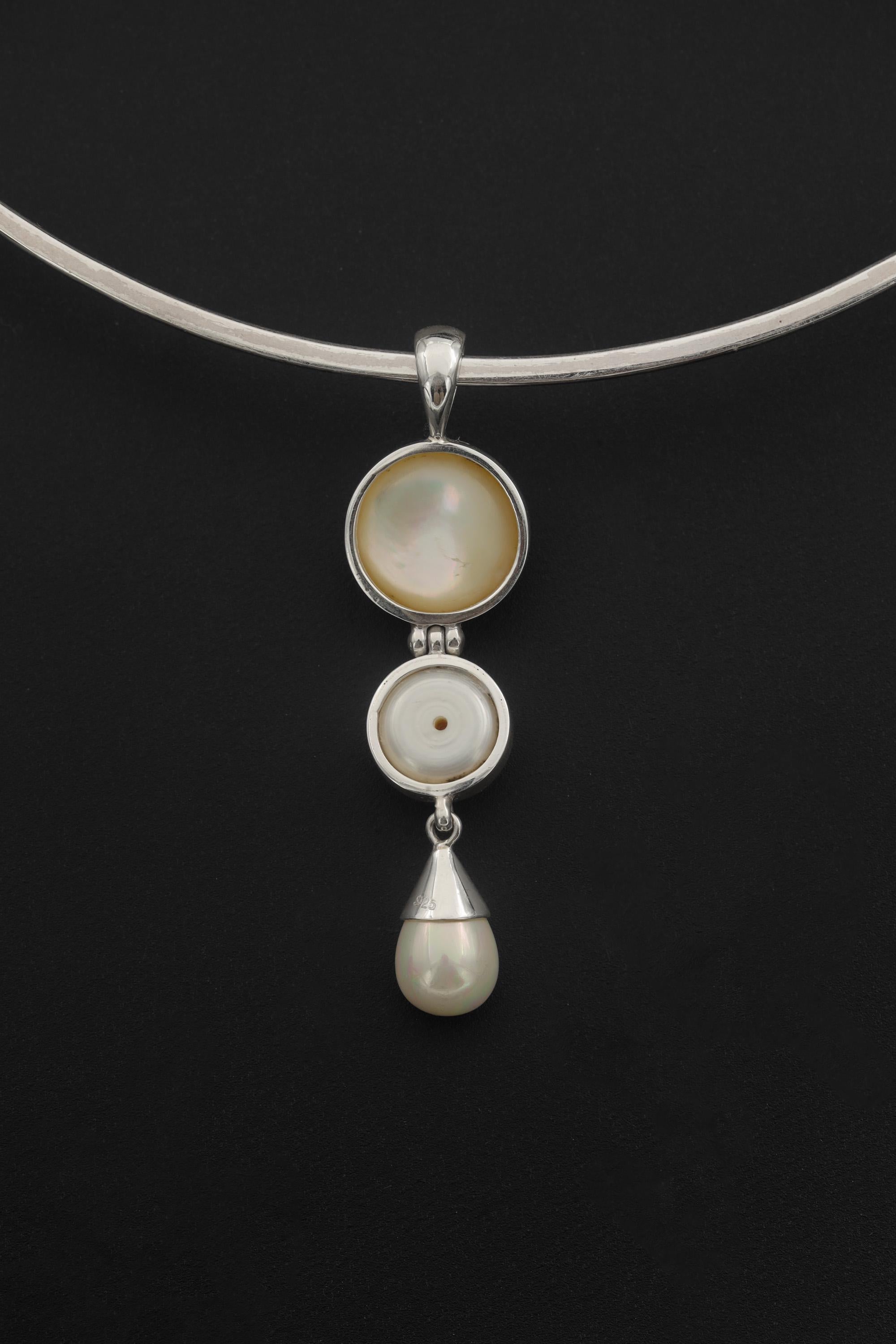 Triple Pearl Drop Pendant Necklace, 925 Sterling Silver, Round and Teardrop Pearls
