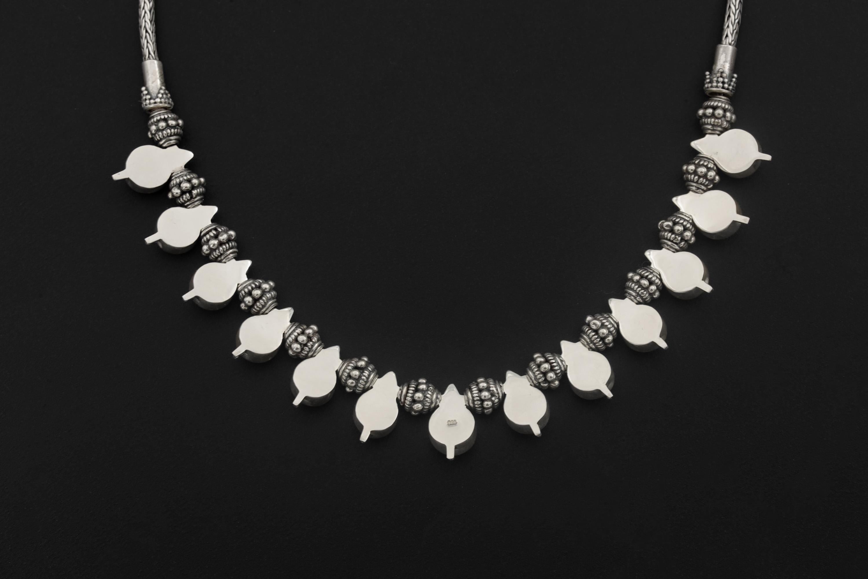 Pearl Beaded Necklace 925 Sterling Silver Balinese Beadwork Snake Chain Heart Crown Chakra Jewelry Gift