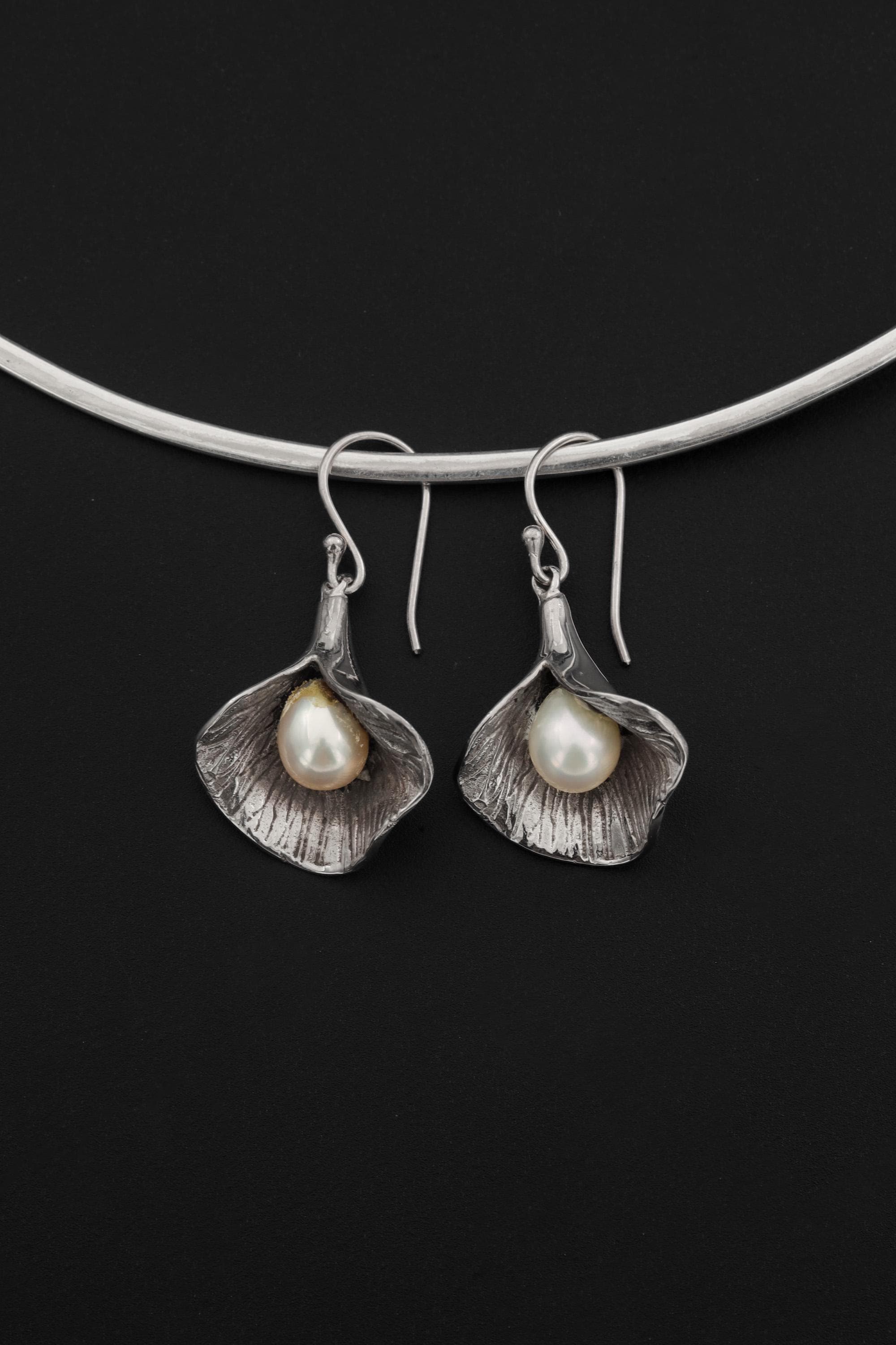 Sterling Silver Pearl Bloom Earrings, Ocean Inspired Dangle Jewelry
