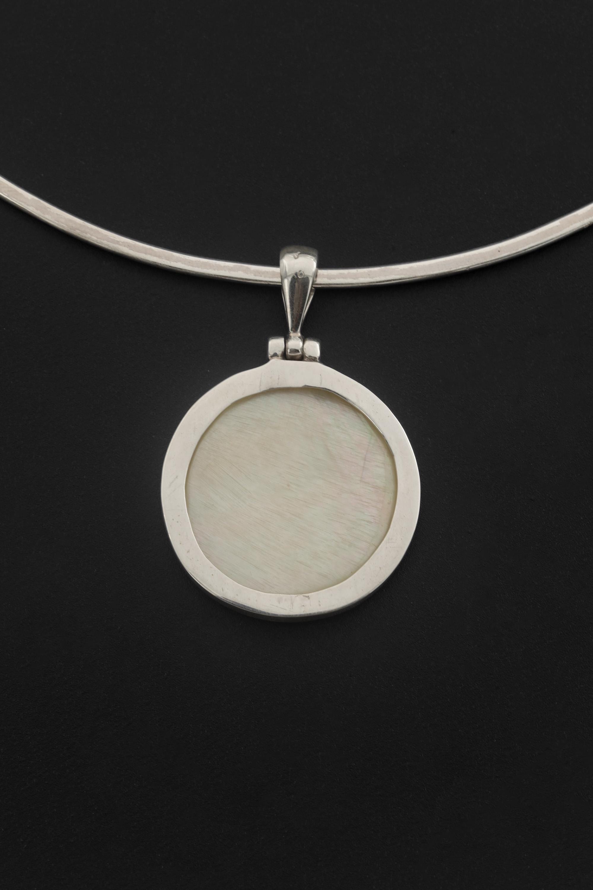 Round Mother of Pearl Necklace 925 Silver Shell Disc Pendant High Shine Bezel Ocean Lunar Jewelry Handmade Gift