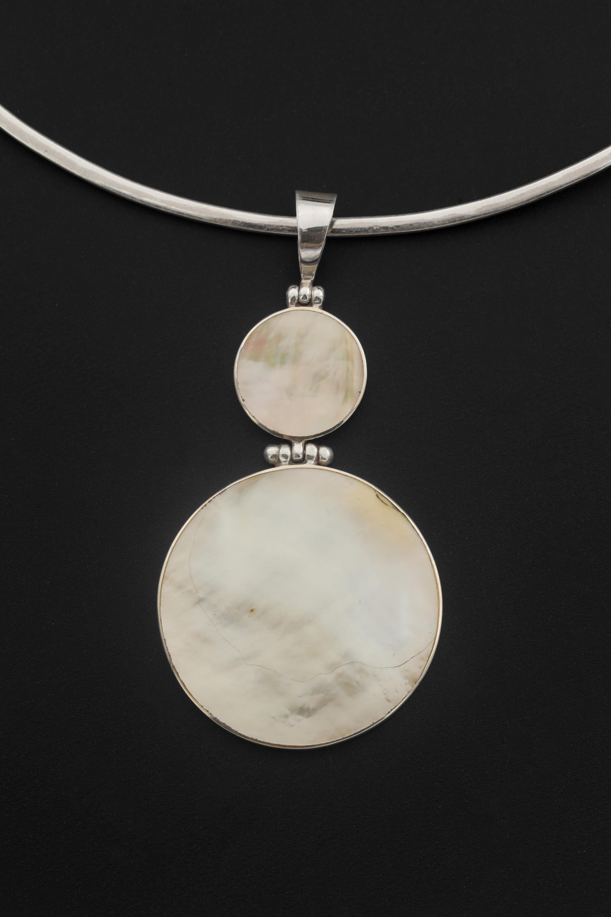 Mother of Pearl Double Disc Pendant Necklace, 925 Sterling Silver, High Polish Shell Jewelry