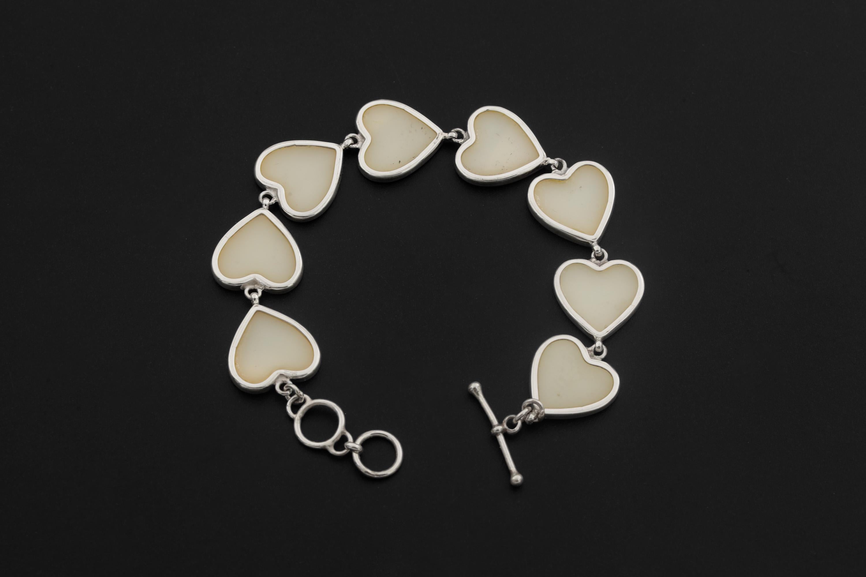Mother of Pearl Heart Bracelet 925 Silver Love Link Bracelet High Shine Polish Toggle Clasp Romantic Jewelry Gift Heart Chakra