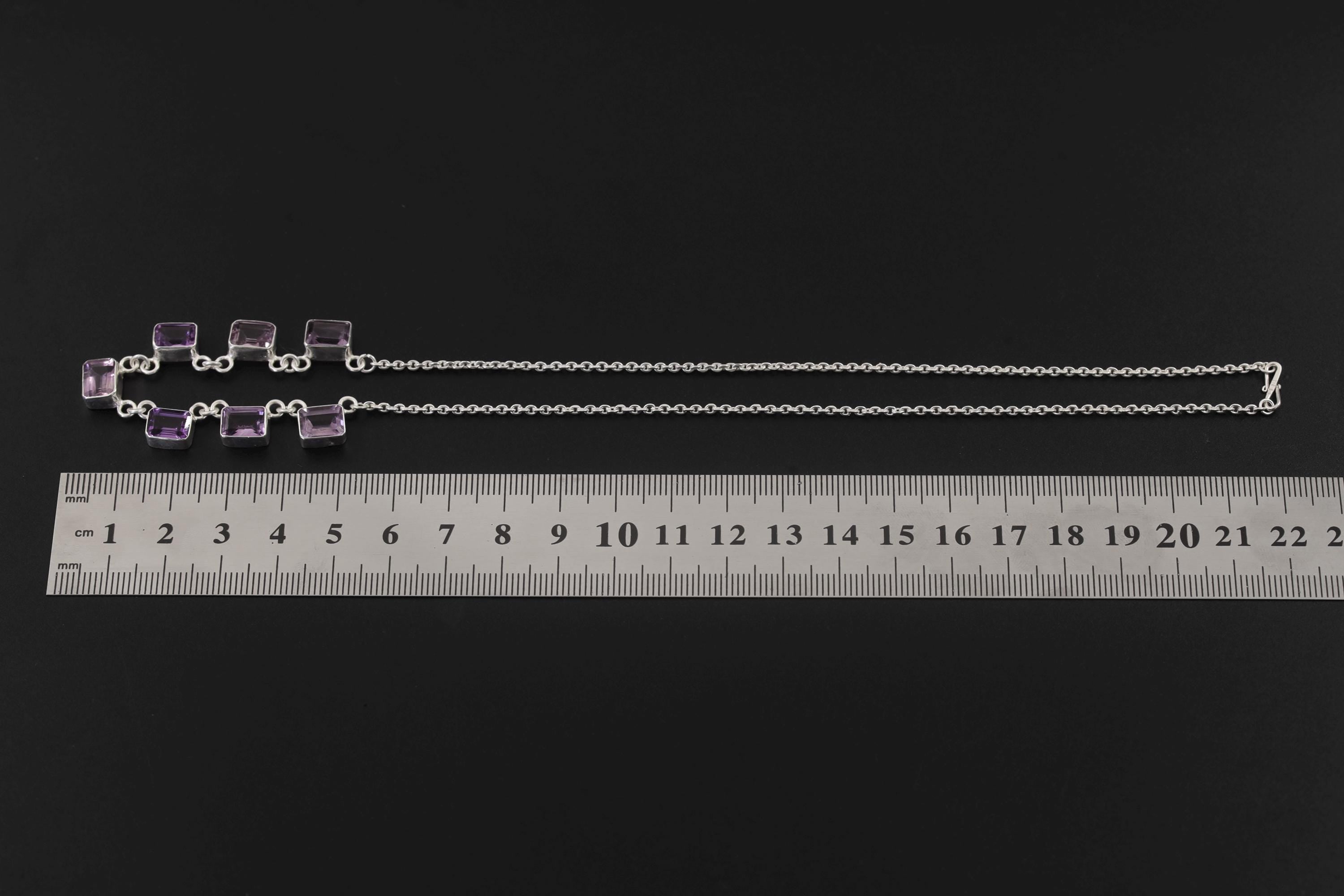 Amethyst 7 Stone Necklace 925 Silver Cable Chain Square Cut Gemstone Necklace Crown Chakra Purple Jewelry Gift