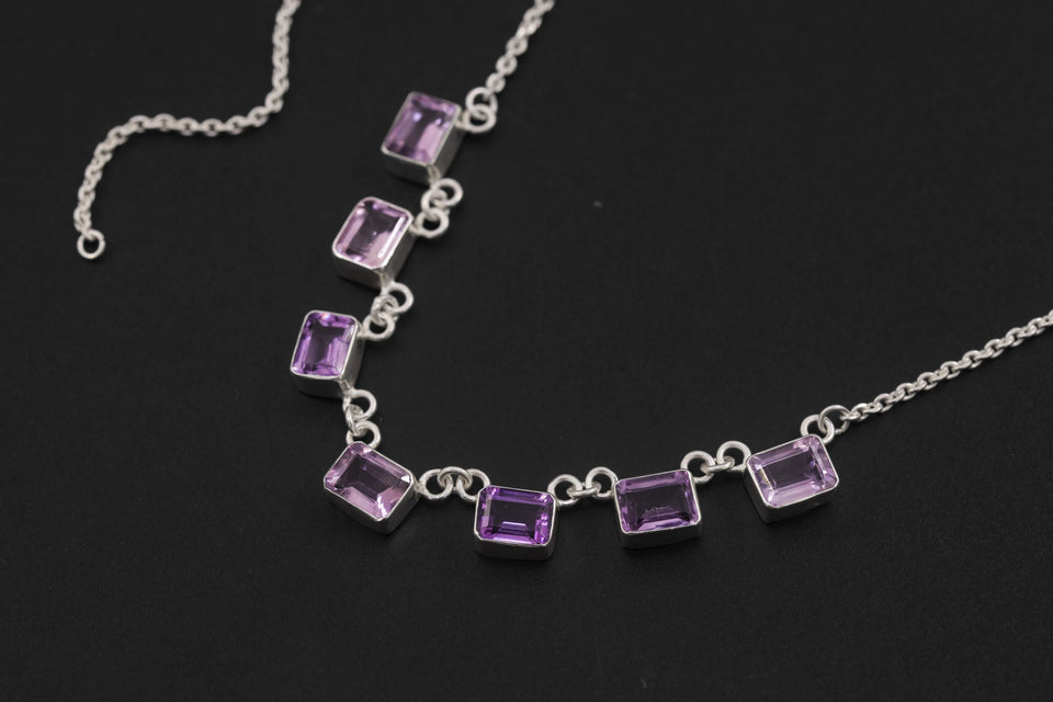 Amethyst 7 Stone Necklace 925 Silver Cable Chain Square Cut Gemstone Necklace Crown Chakra Purple Jewelry Gift