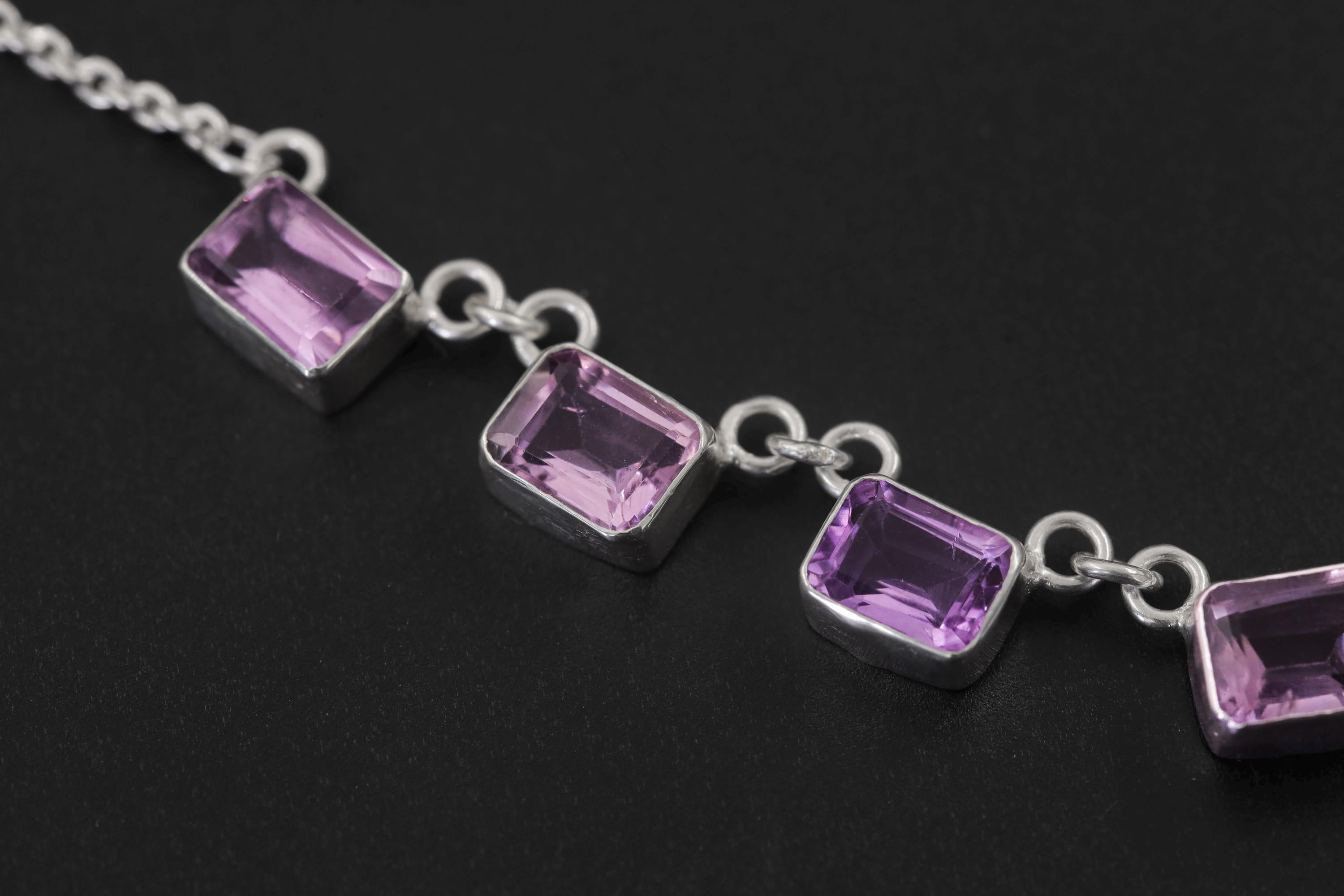 Amethyst 7 Stone Necklace 925 Silver Cable Chain Square Cut Gemstone Necklace Crown Chakra Purple Jewelry Gift